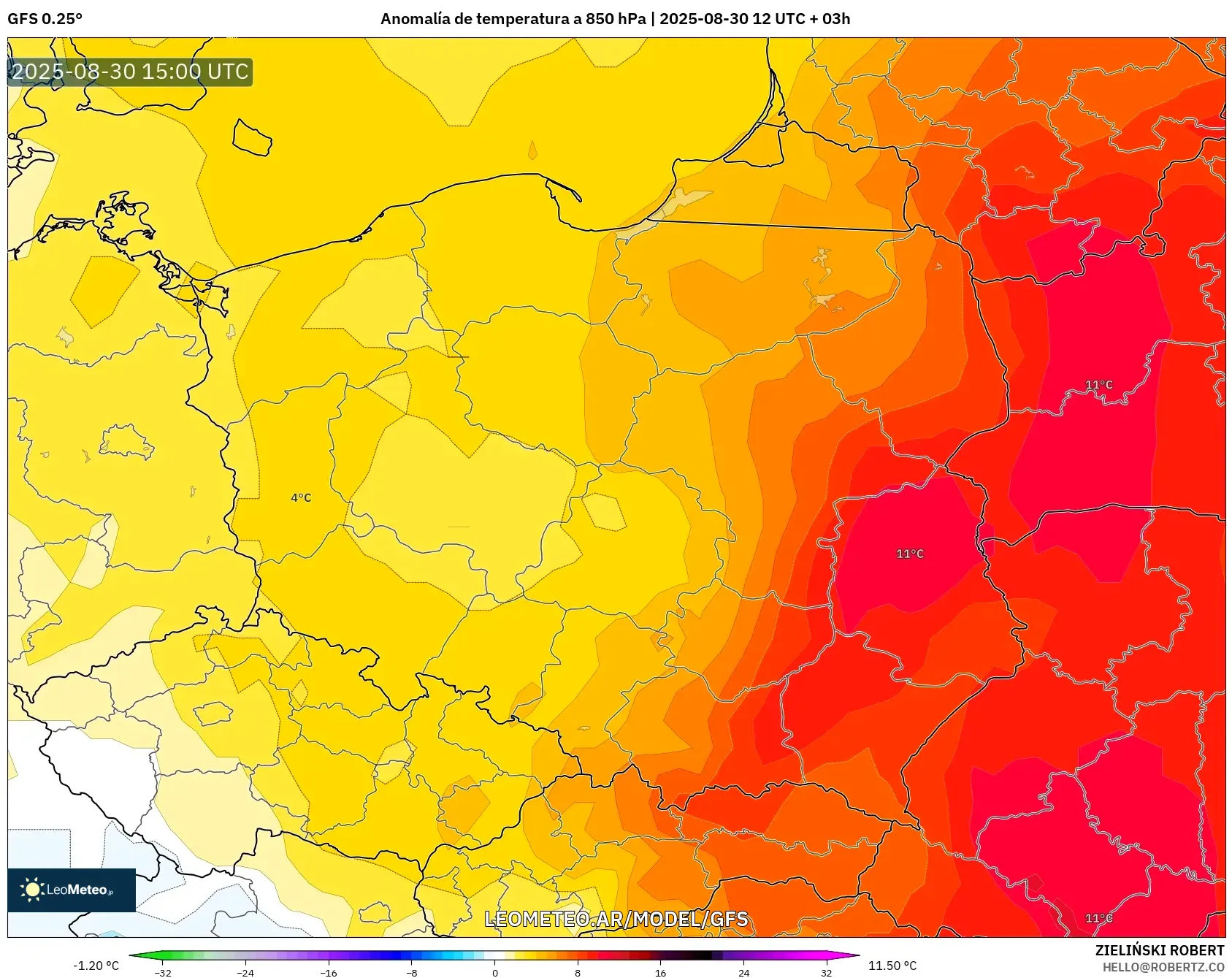 GFS model - Polonia, Anomalía de temperatura a 850 hPa