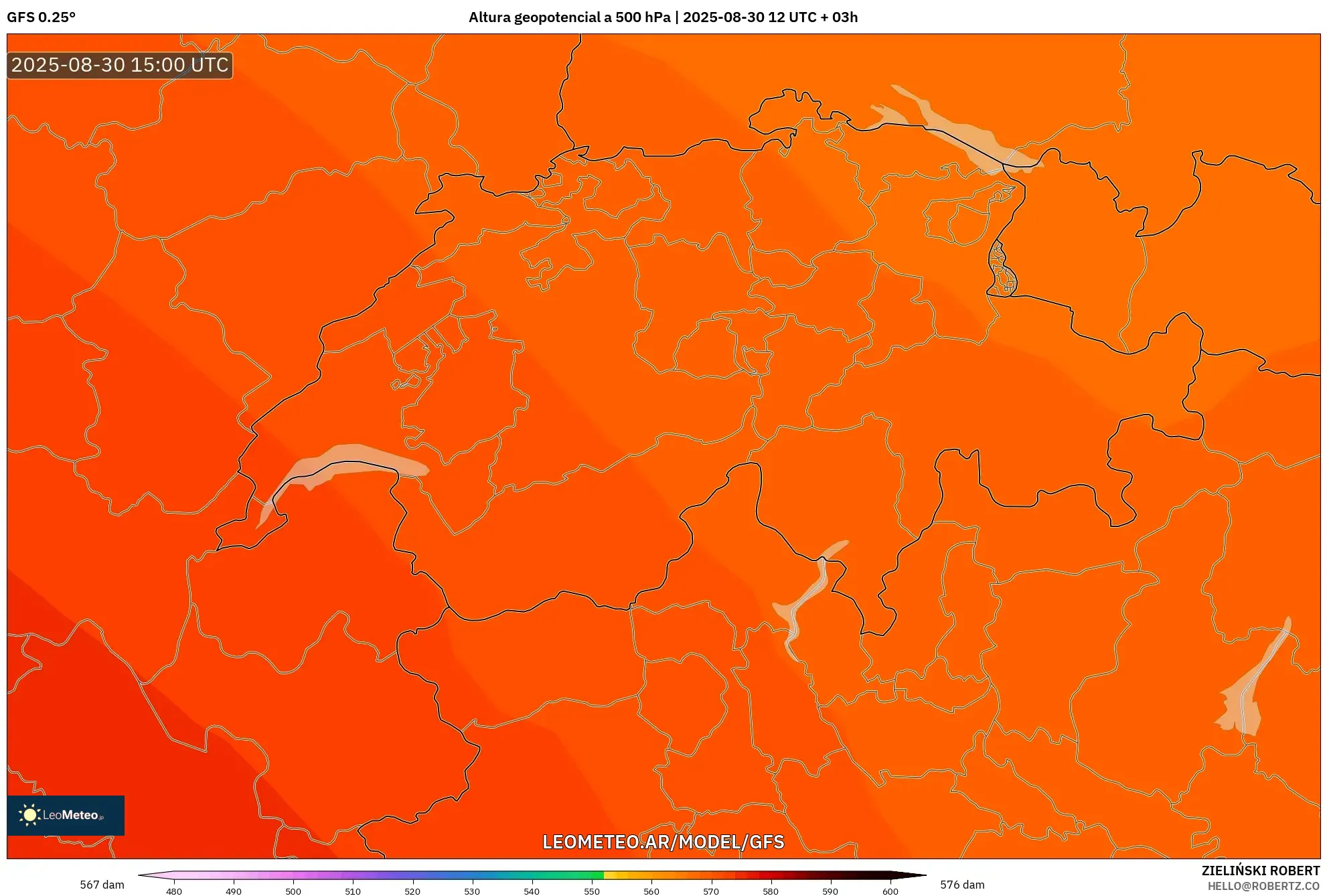 GFS model - Suiza, Altura geopotencial a 500 hPa GFS model - Suiza, Altura geopotencial a 500 hPa