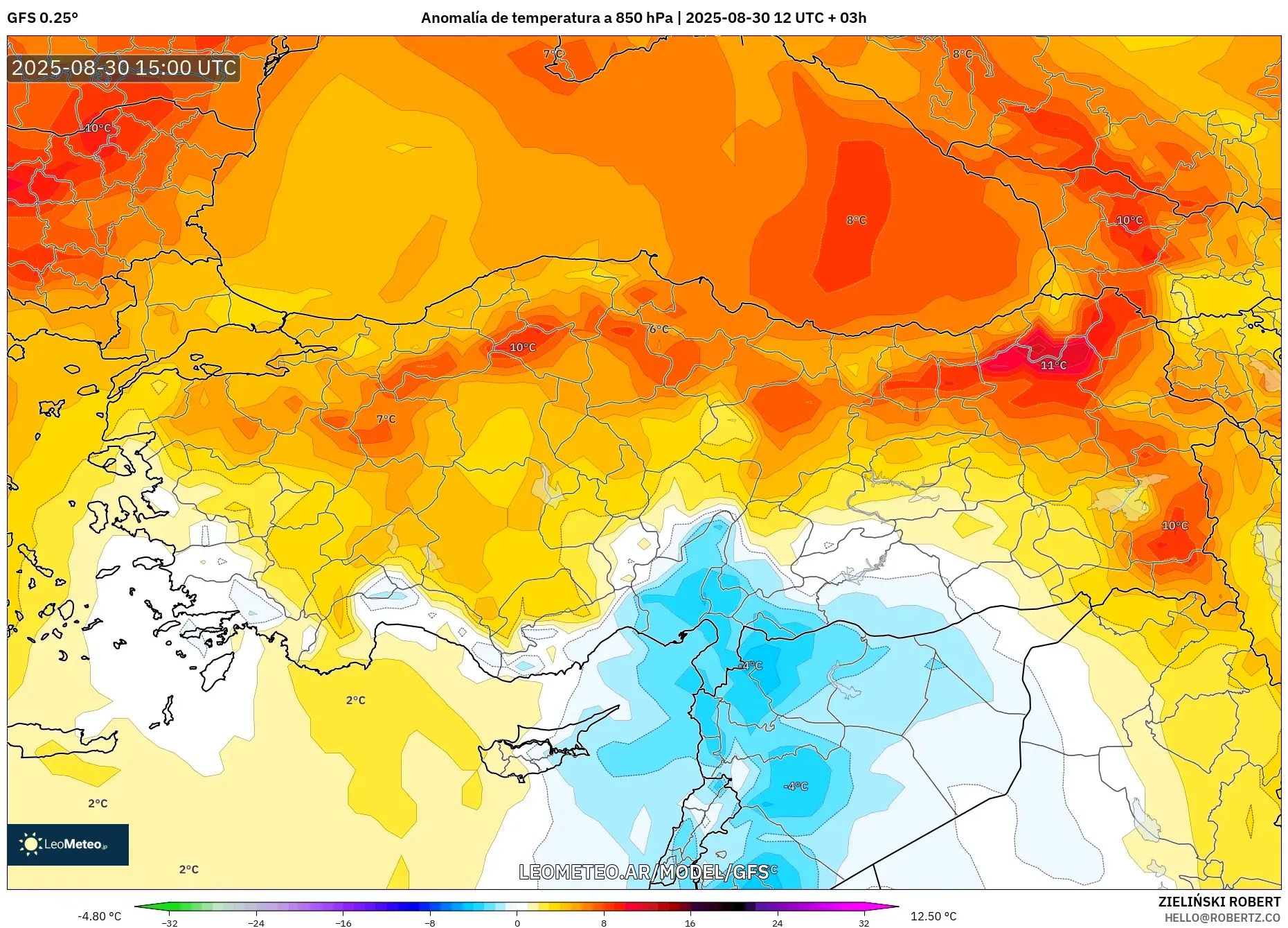 GFS model - Turquía, Anomalía de temperatura a 850 hPa GFS model - Turquía, Anomalía de temperatura a 850 hPa