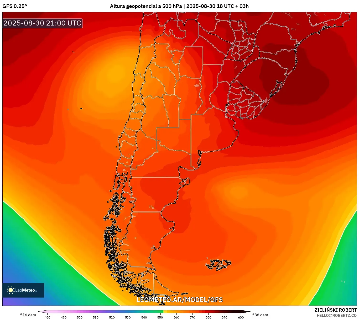GFS model - Argentina, Altura geopotencial a 500 hPa GFS model - Argentina, Altura geopotencial a 500 hPa