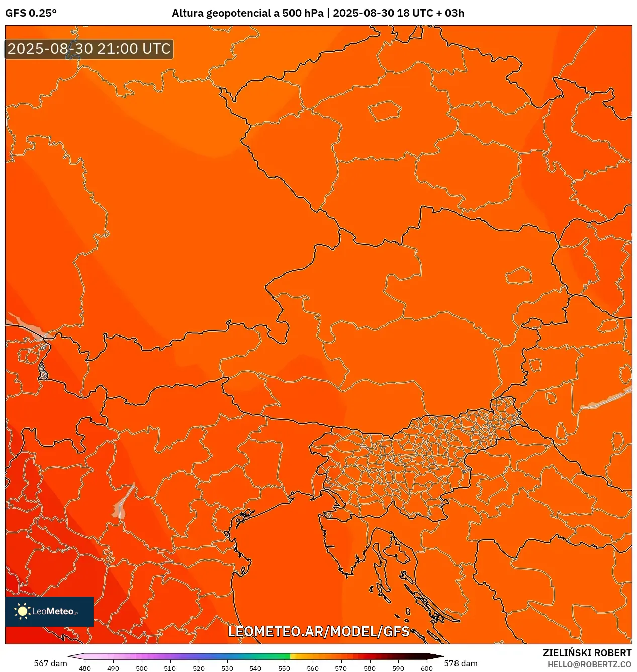 GFS model - Austria, Altura geopotencial a 500 hPa GFS model - Austria, Altura geopotencial a 500 hPa