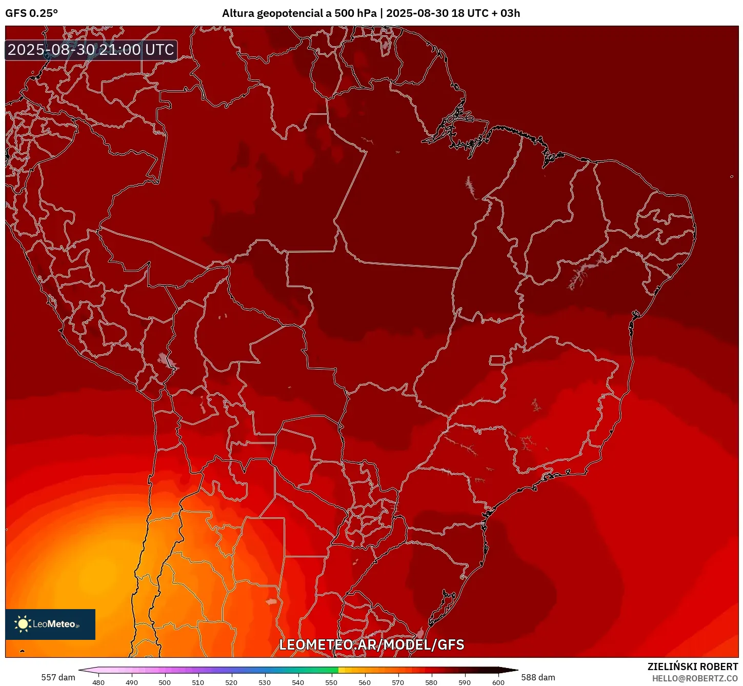 GFS model - Brasil, Altura geopotencial a 500 hPa GFS model - Brasil, Altura geopotencial a 500 hPa