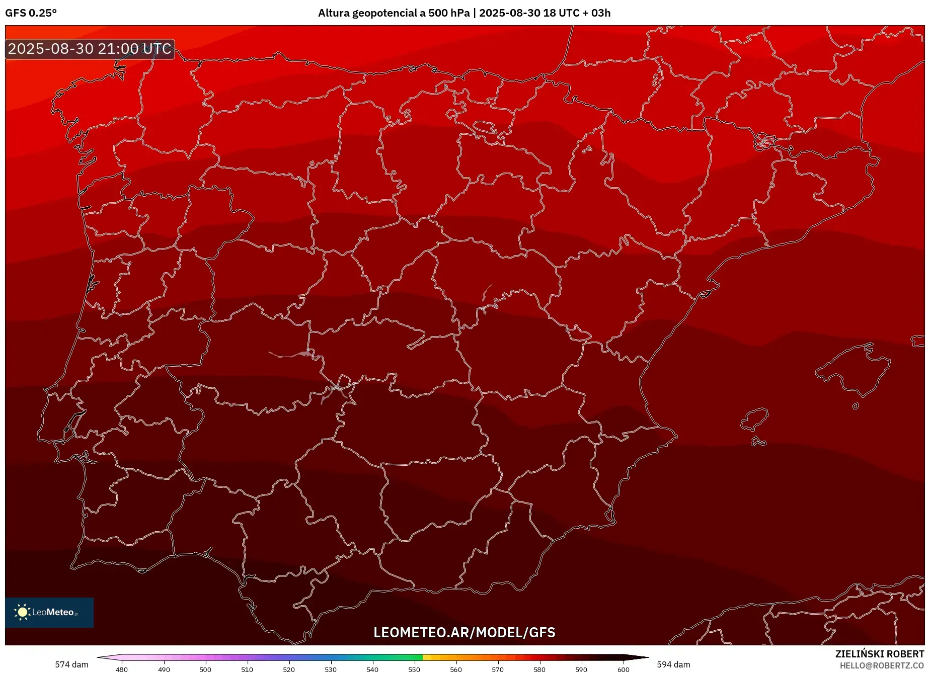 GFS model - España, Altura geopotencial a 500 hPa GFS model - España, Altura geopotencial a 500 hPa
