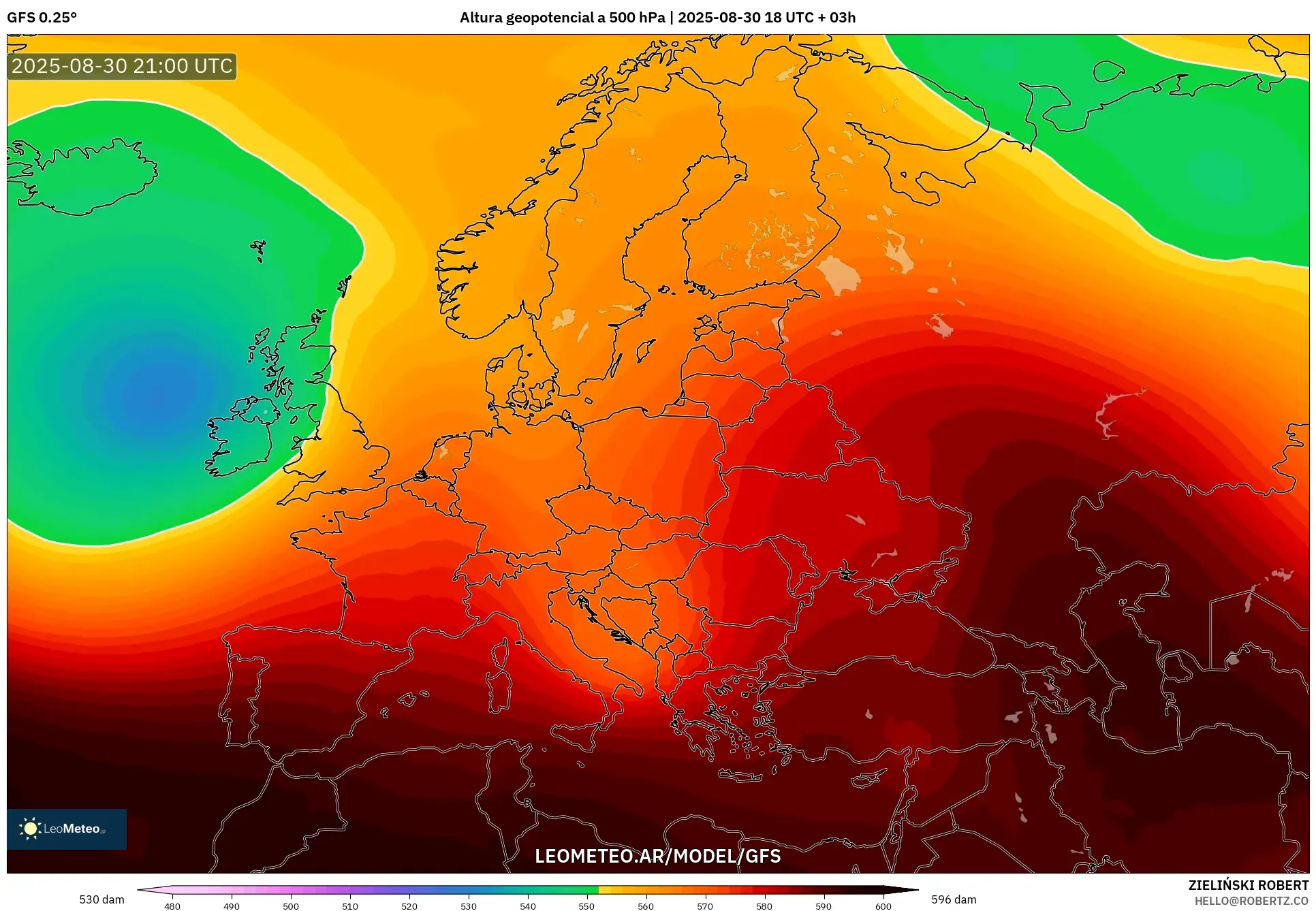GFS model - Europa, Altura geopotencial a 500 hPa GFS model - Europa, Altura geopotencial a 500 hPa