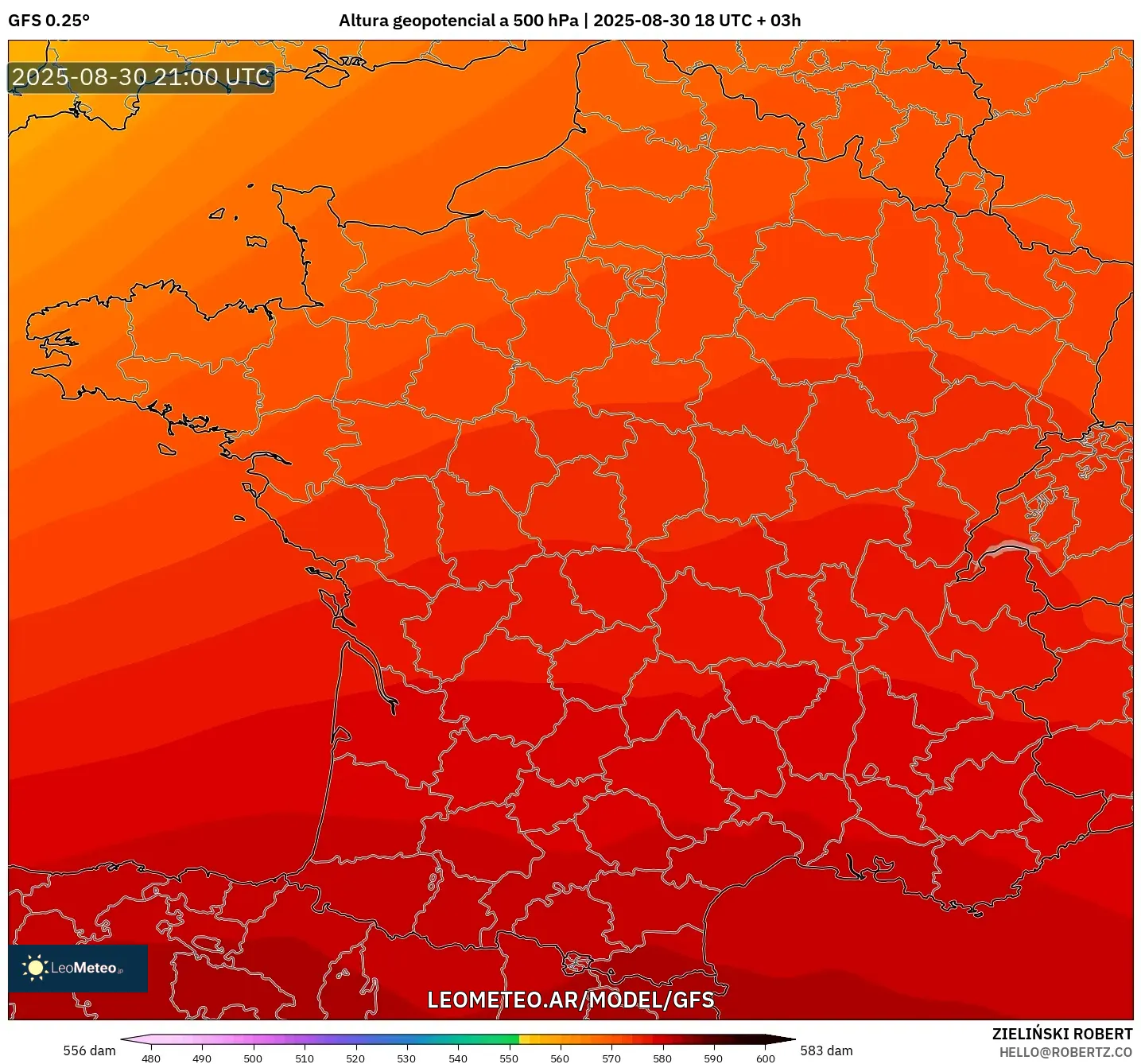GFS model - Francia, Altura geopotencial a 500 hPa GFS model - Francia, Altura geopotencial a 500 hPa
