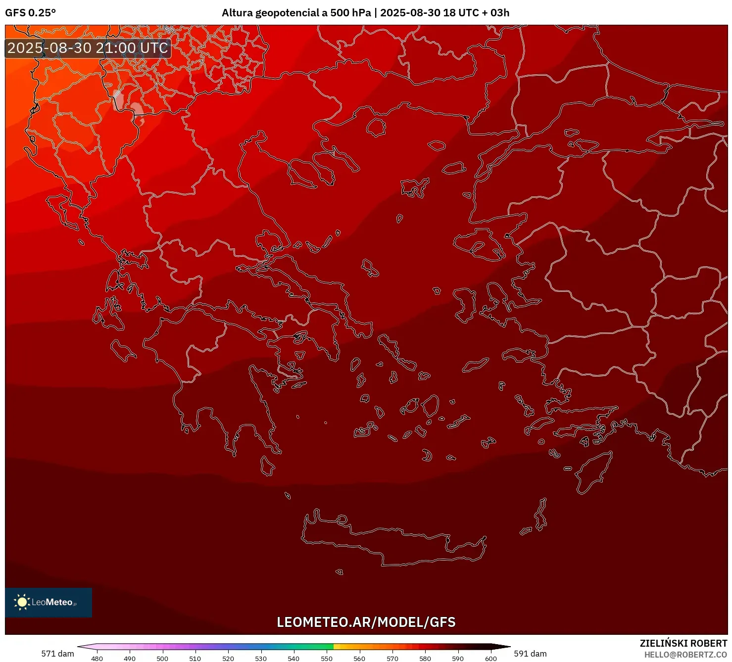 GFS model - Grecia, Altura geopotencial a 500 hPa GFS model - Grecia, Altura geopotencial a 500 hPa