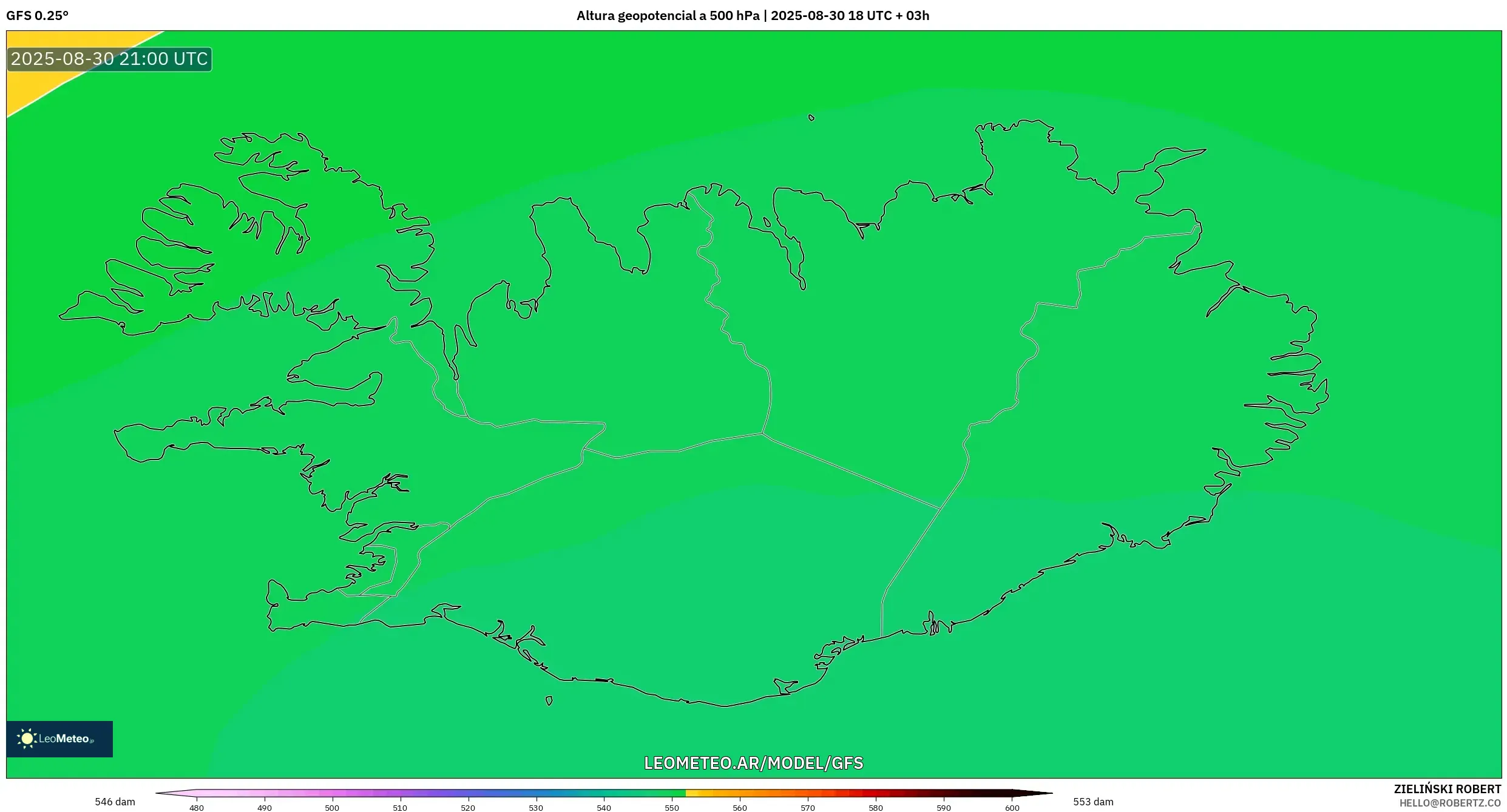 GFS model - Islandia, Altura geopotencial a 500 hPa GFS model - Islandia, Altura geopotencial a 500 hPa