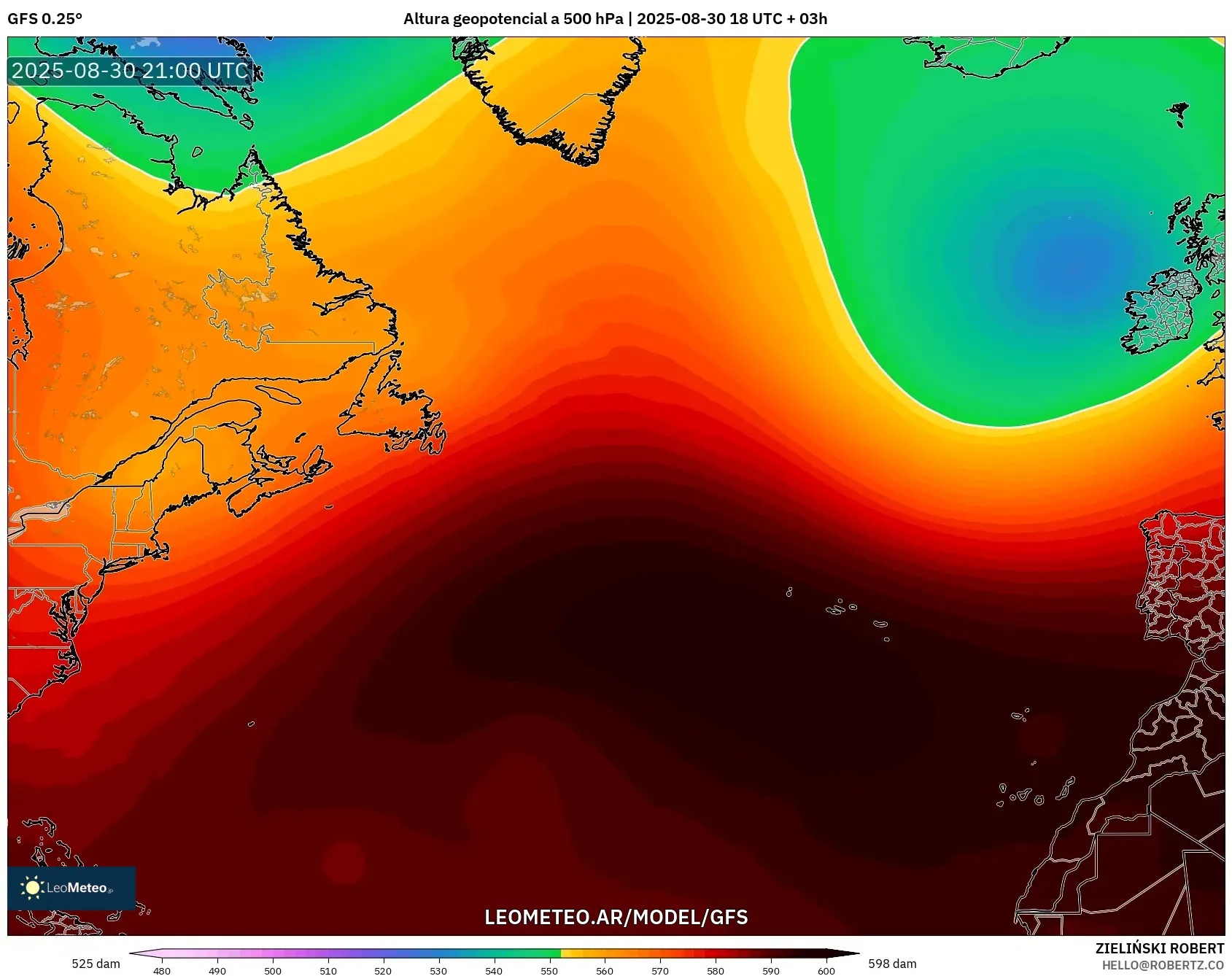 GFS model - Norte Atlántico, Altura geopotencial a 500 hPa GFS model - Norte Atlántico, Altura geopotencial a 500 hPa
