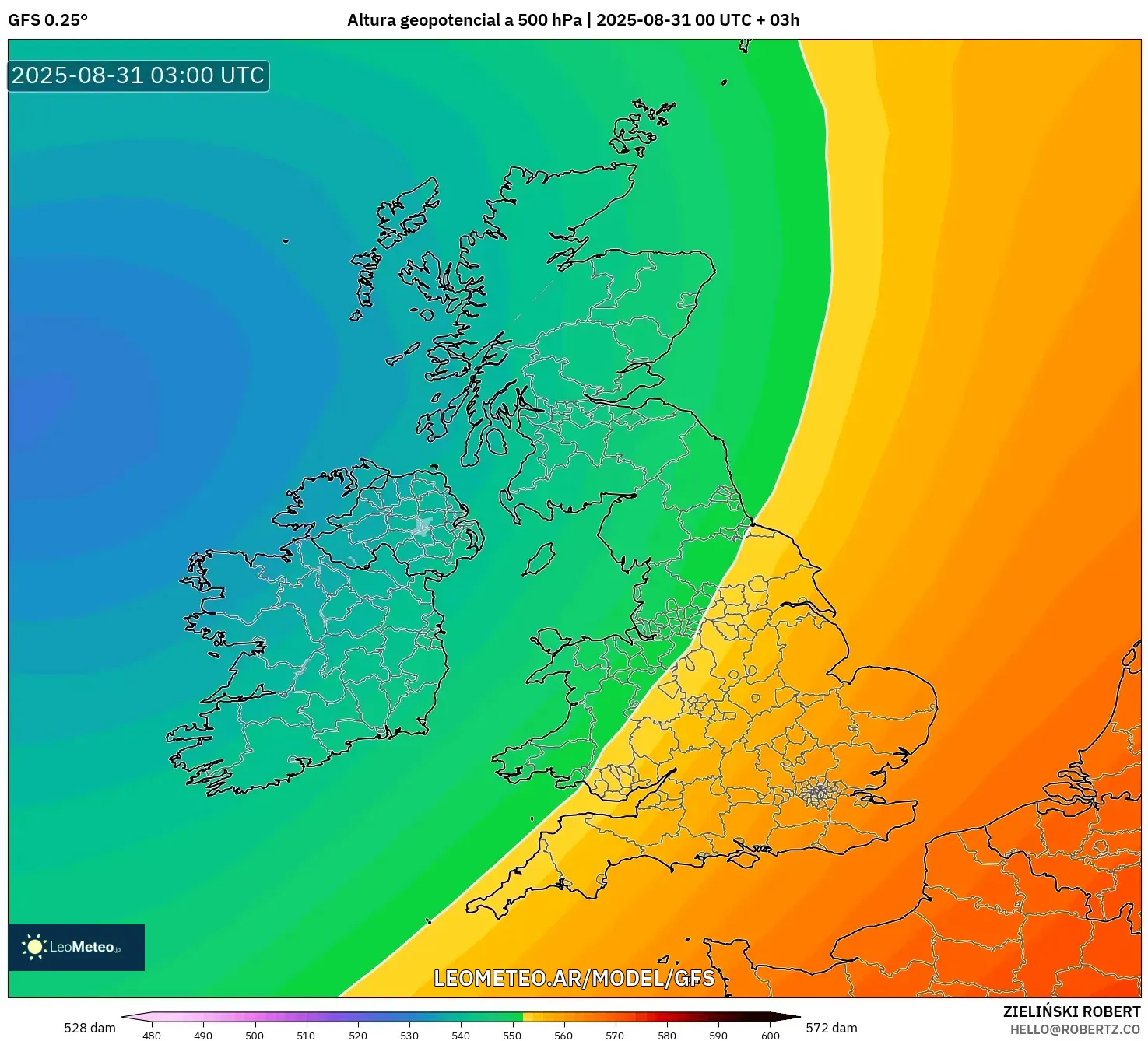 GFS model - Reino Unido, Altura geopotencial a 500 hPa GFS model - Reino Unido, Altura geopotencial a 500 hPa