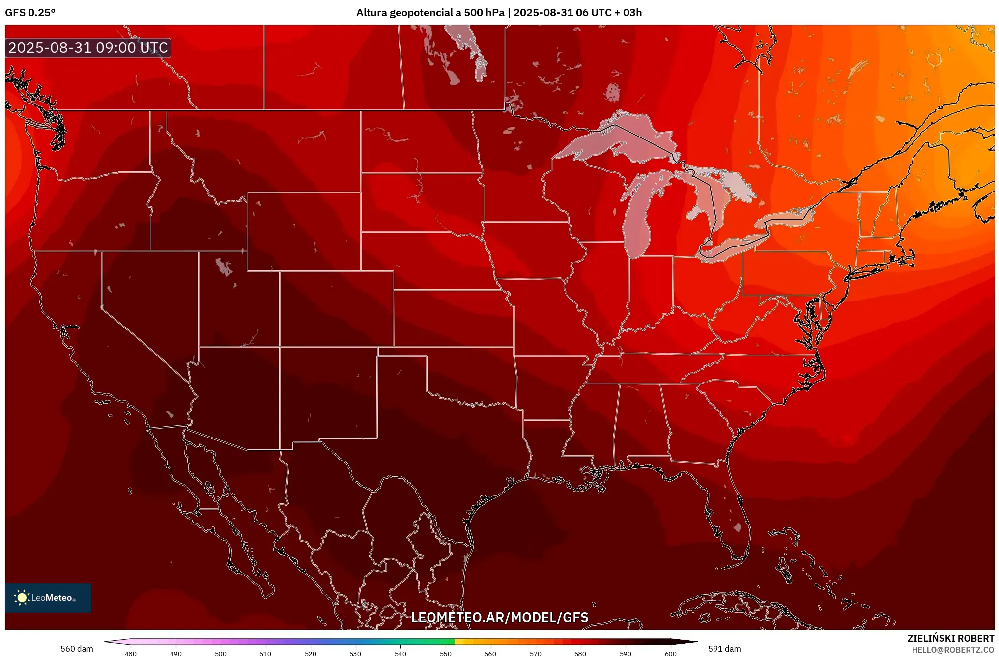 GFS model - Estados Unidos, Altura geopotencial a 500 hPa GFS model - Estados Unidos, Altura geopotencial a 500 hPa