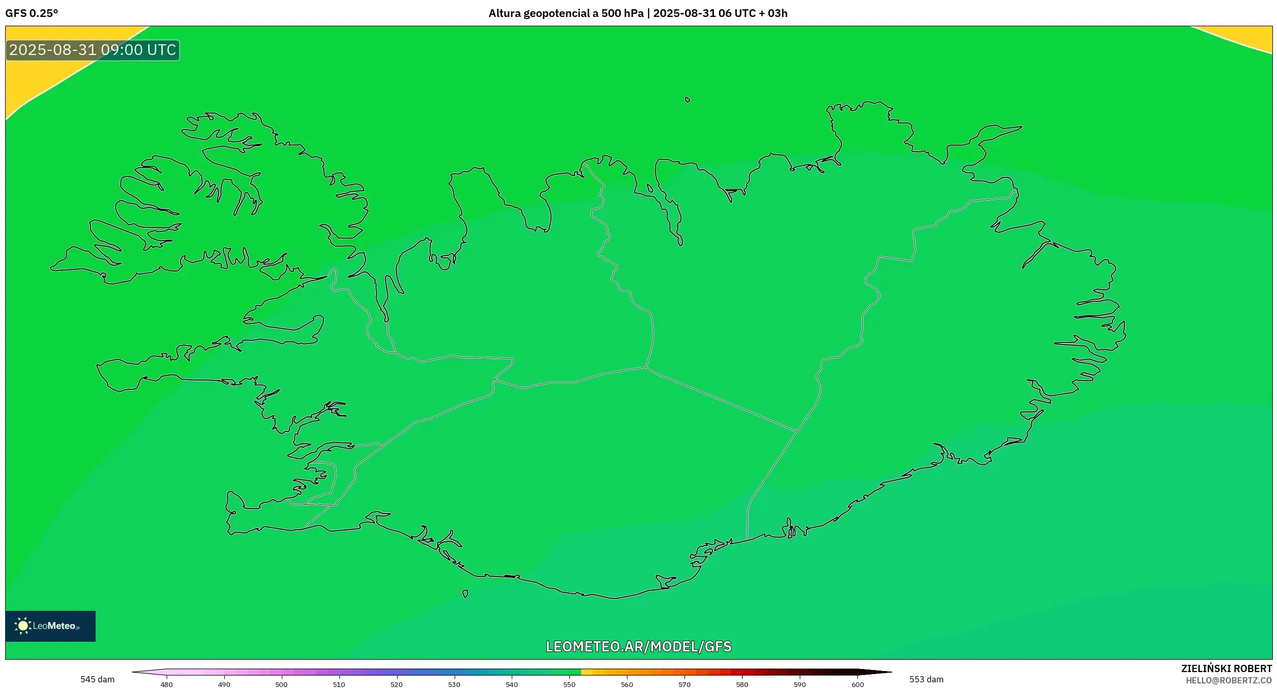 GFS model - Islandia, Altura geopotencial a 500 hPa GFS model - Islandia, Altura geopotencial a 500 hPa