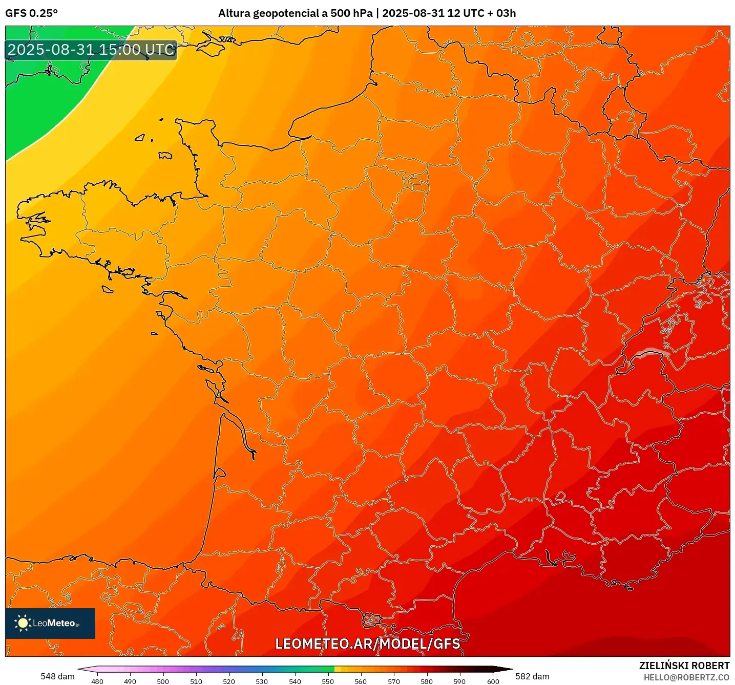 GFS model - Francia, Altura geopotencial a 500 hPa GFS model - Francia, Altura geopotencial a 500 hPa