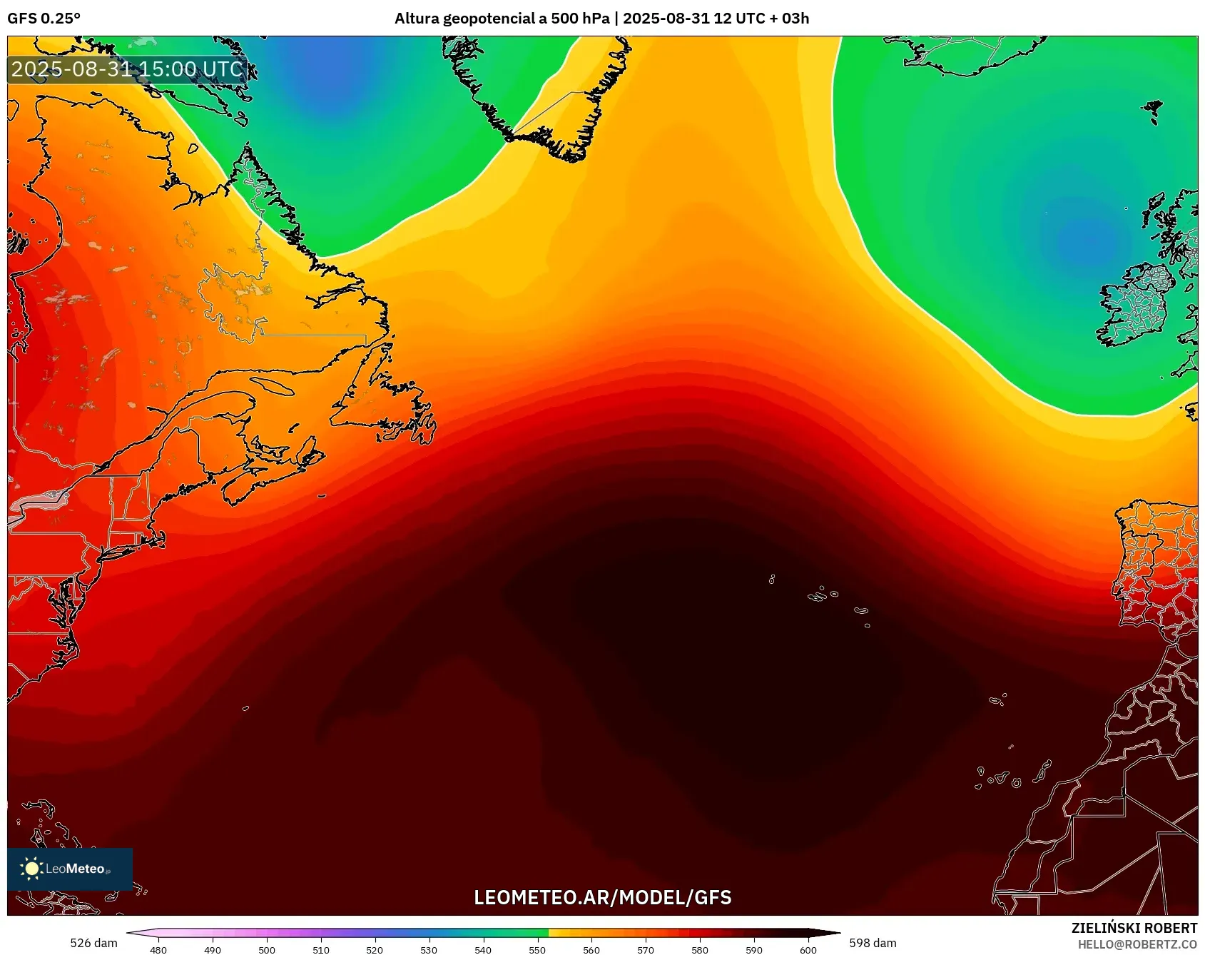 GFS model - Norte Atlántico, Altura geopotencial a 500 hPa GFS model - Norte Atlántico, Altura geopotencial a 500 hPa