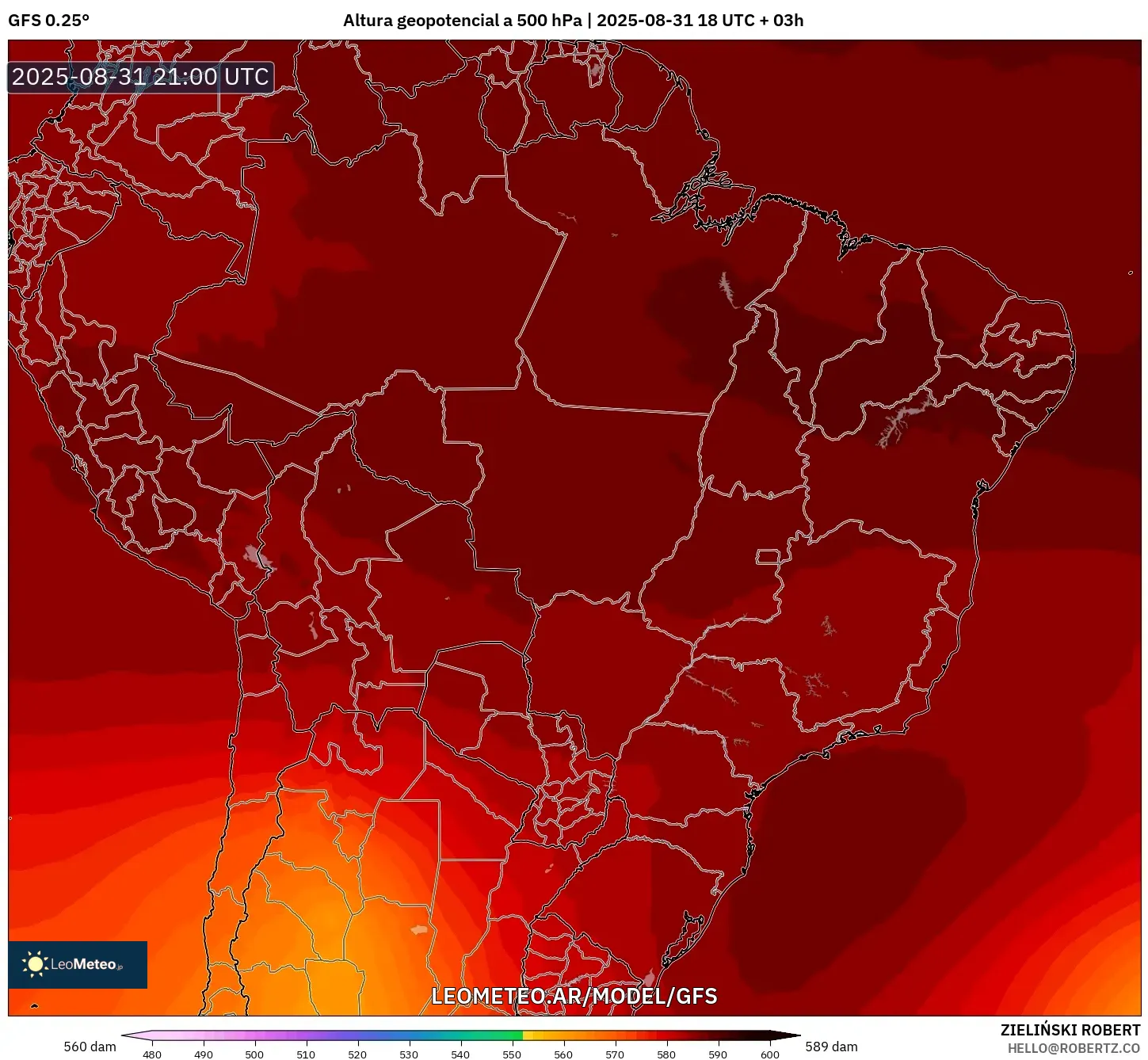 GFS model - Brasil, Altura geopotencial a 500 hPa GFS model - Brasil, Altura geopotencial a 500 hPa