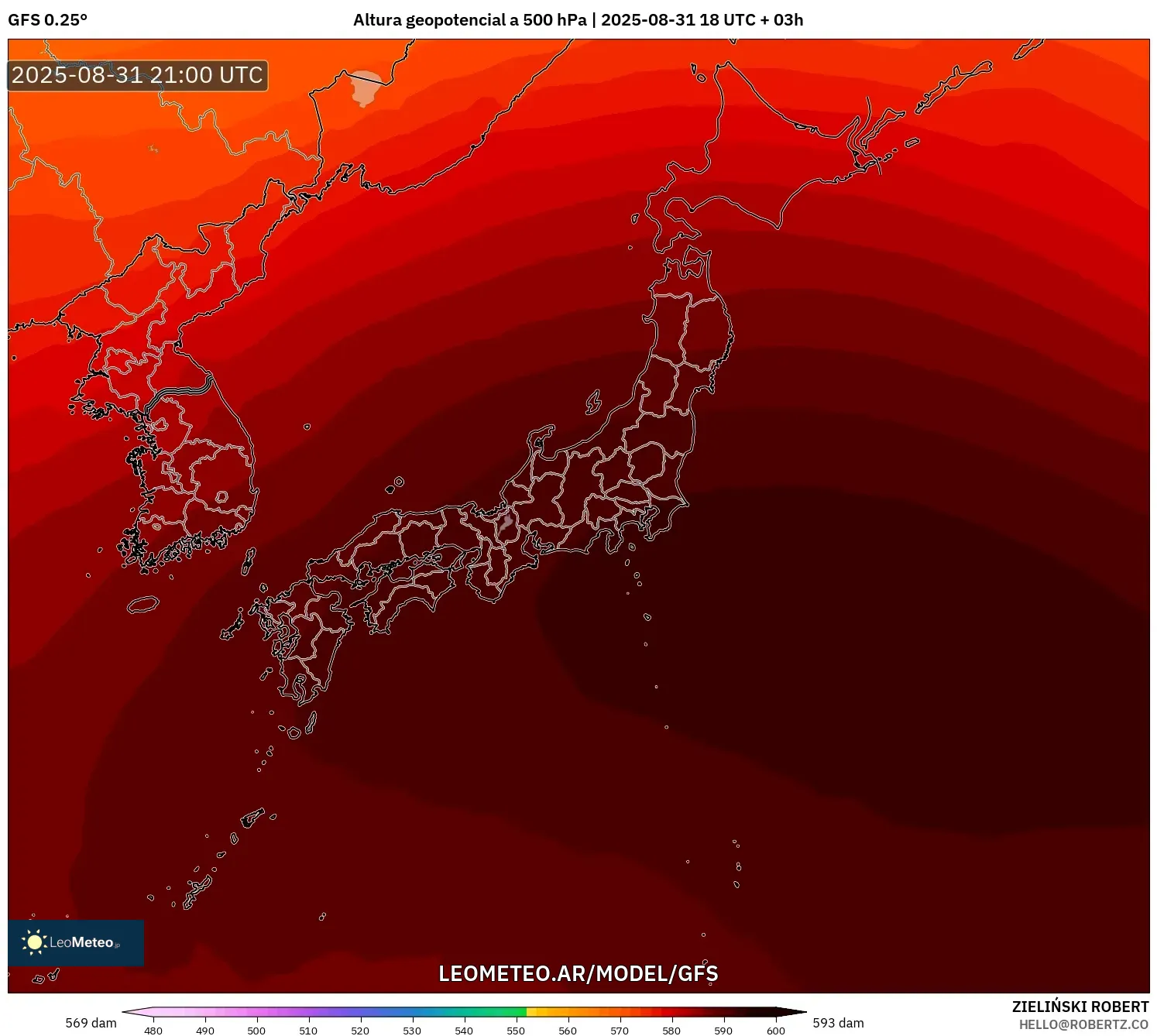 GFS model - Japón, Altura geopotencial a 500 hPa GFS model - Japón, Altura geopotencial a 500 hPa