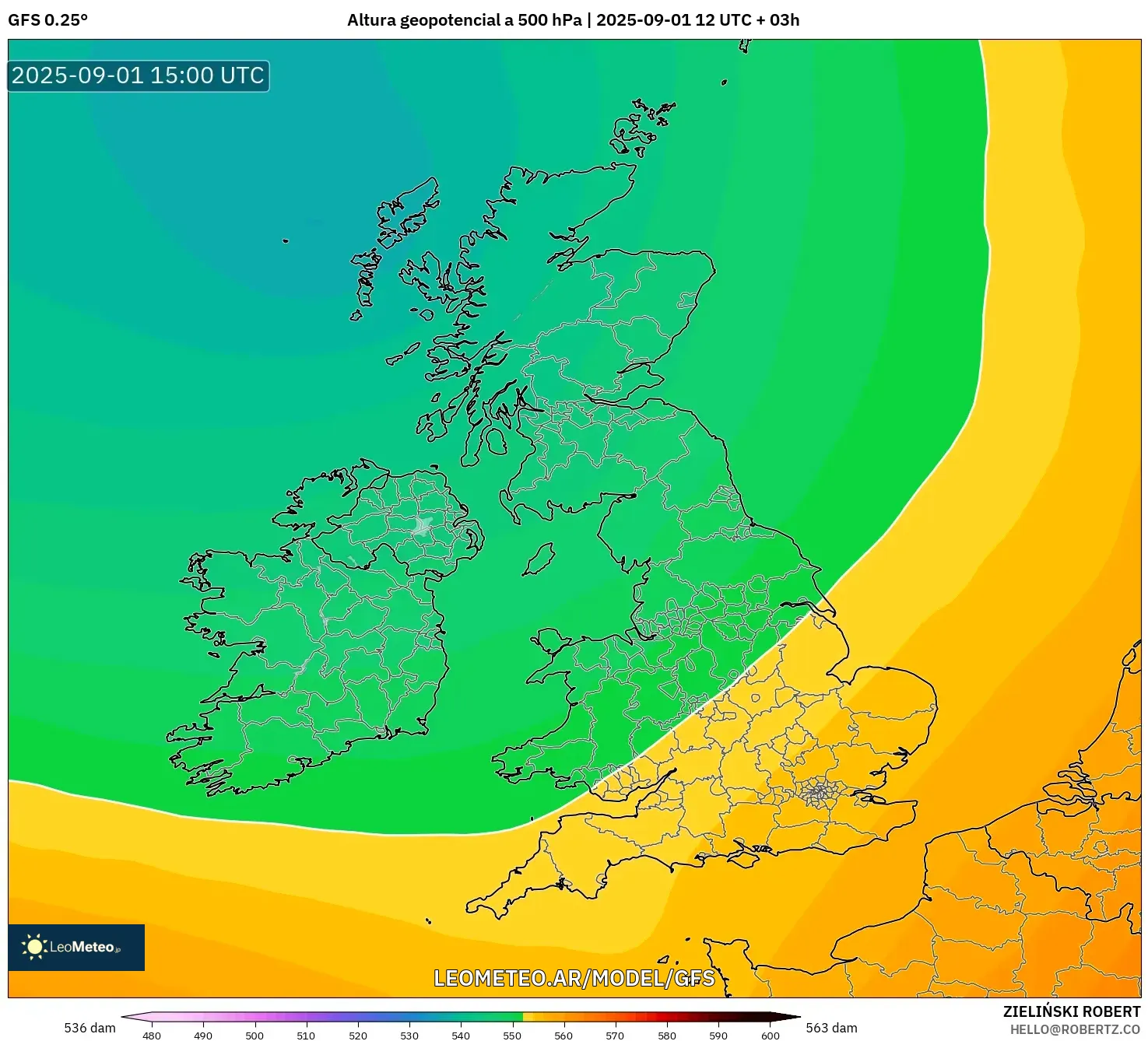 GFS model - Reino Unido, Altura geopotencial a 500 hPa GFS model - Reino Unido, Altura geopotencial a 500 hPa