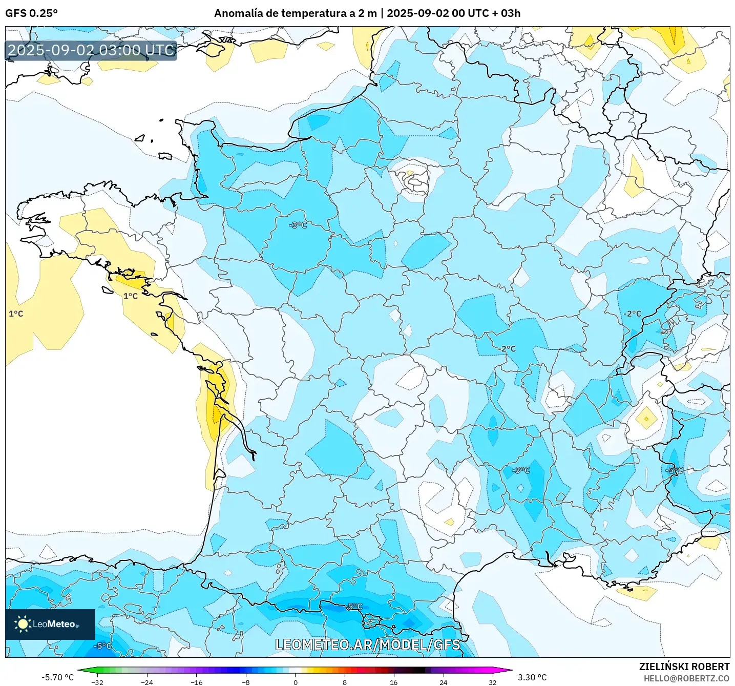 GFS model - Francia, Anomalía de temperatura a 2 m GFS model - Francia, Anomalía de temperatura a 2 m