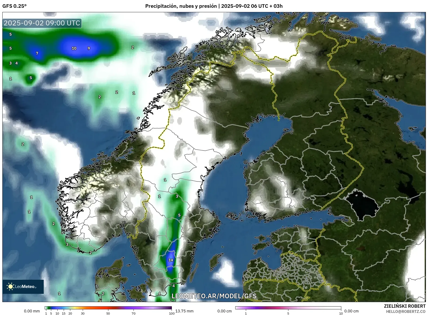 GFS model - Escandinavia, Precipitación, nubes y presión GFS model - Escandinavia, Precipitación, nubes y presión