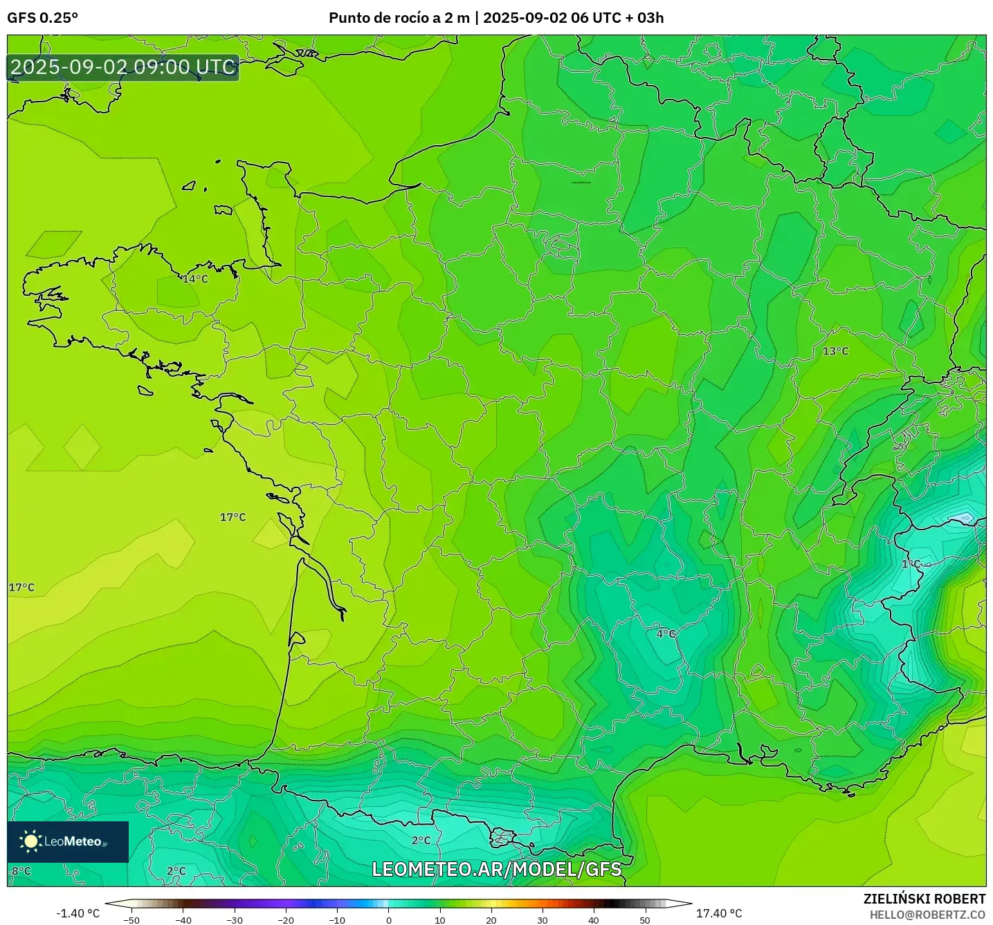 GFS model - Francia, Punto de rocío a 2 m GFS model - Francia, Punto de rocío a 2 m