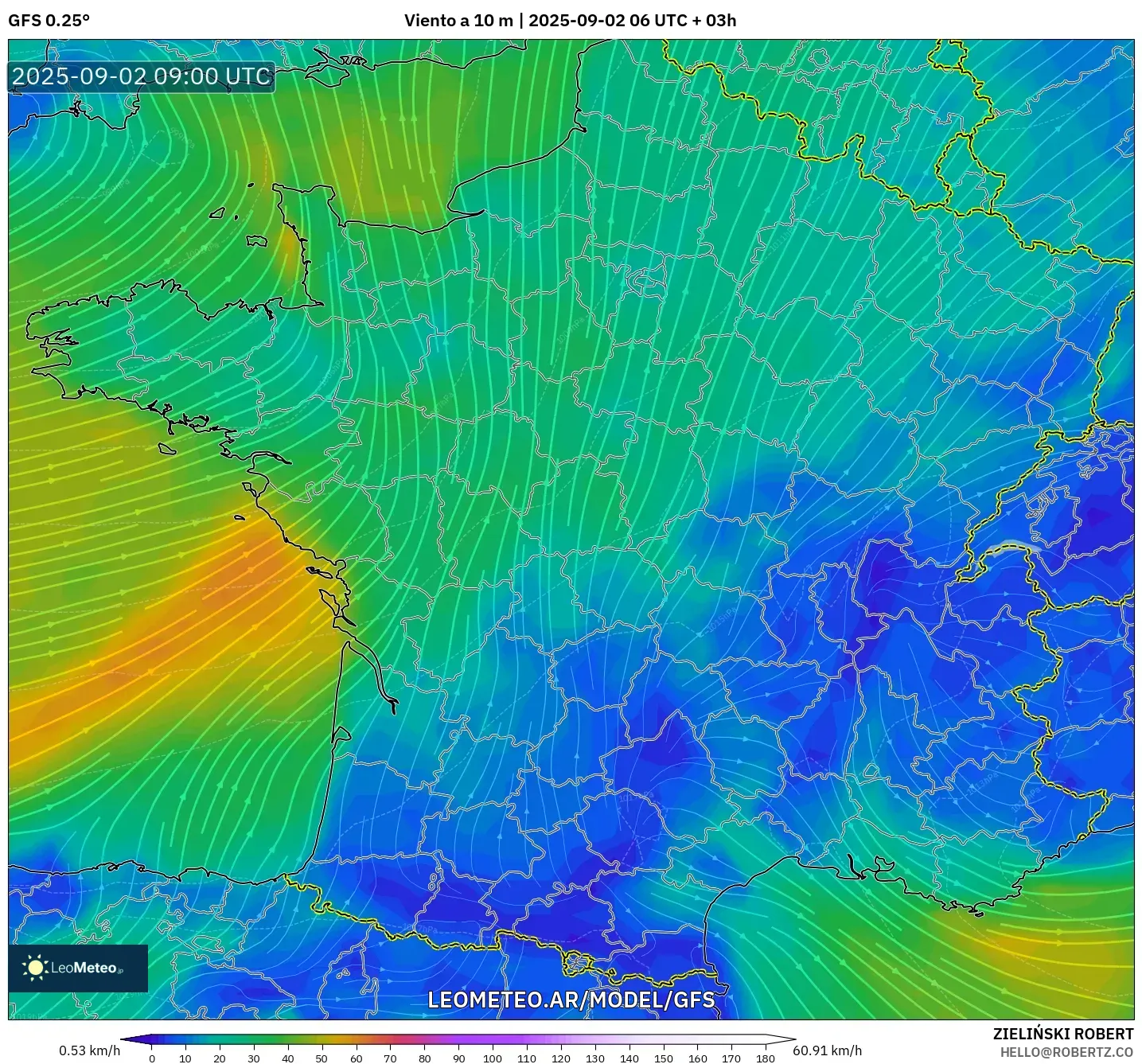 GFS model - Francia, Viento a 10 m GFS model - Francia, Viento a 10 m