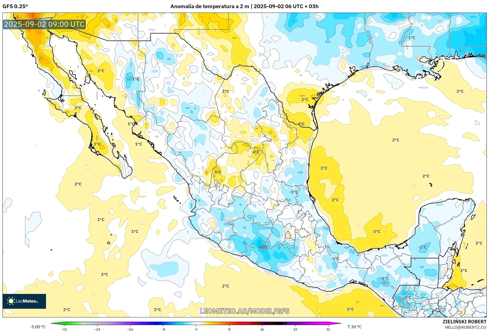 GFS model - México, Anomalía de temperatura a 2 m GFS model - México, Anomalía de temperatura a 2 m
