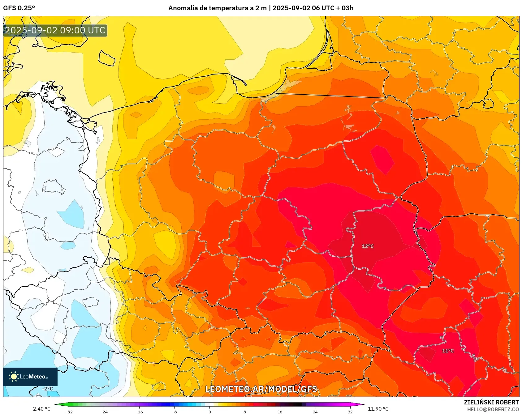 GFS model - Polonia, Anomalía de temperatura a 2 m GFS model - Polonia, Anomalía de temperatura a 2 m