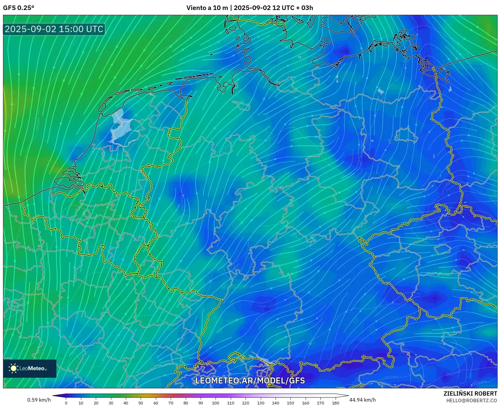 GFS model - Alemania, Viento a 10 m GFS model - Alemania, Viento a 10 m