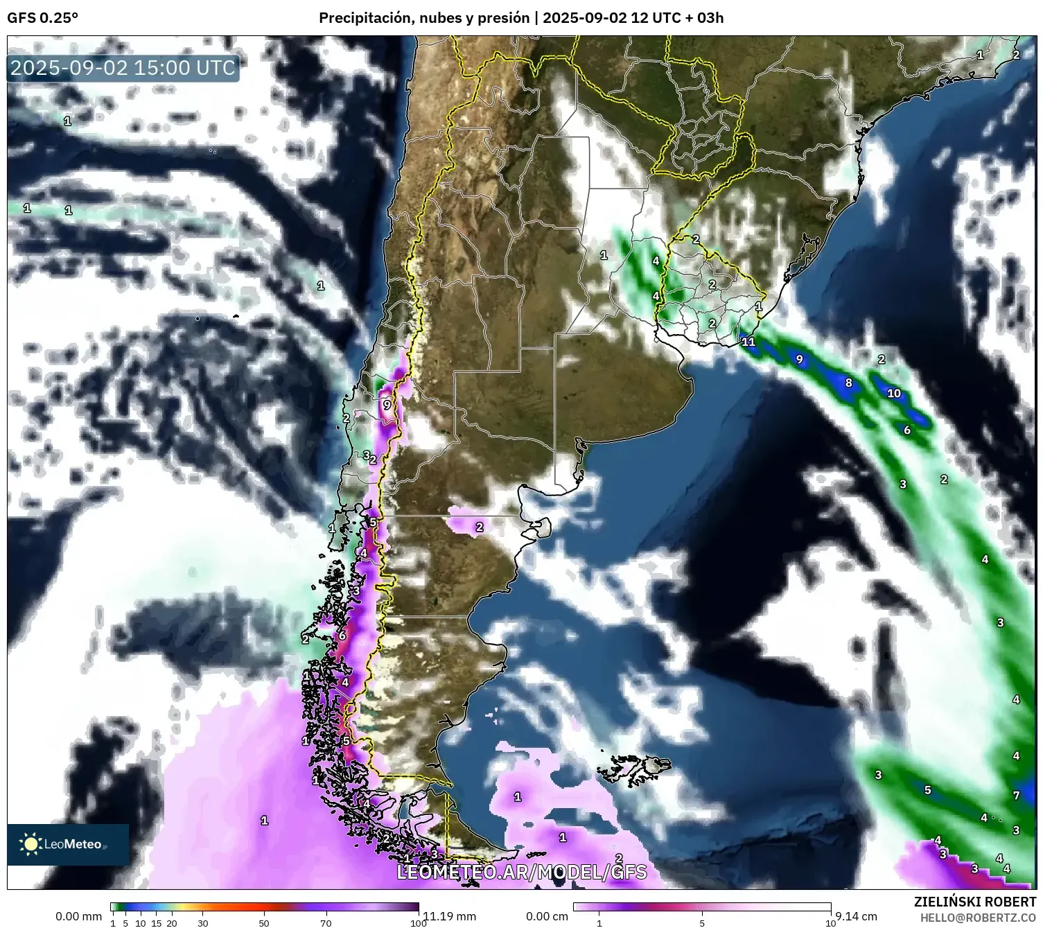 GFS model - Argentina, Precipitación, nubes y presión GFS model - Argentina, Precipitación, nubes y presión