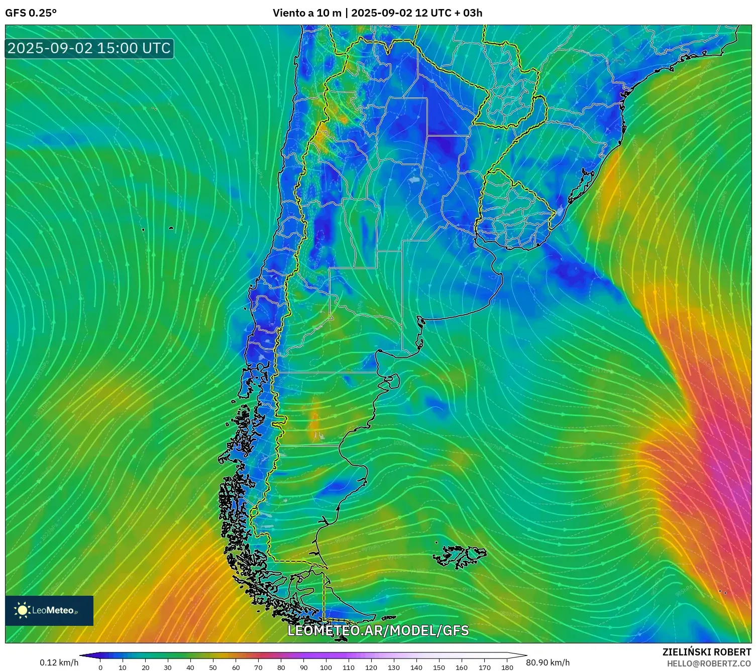GFS model - Argentina, Viento a 10 m GFS model - Argentina, Viento a 10 m