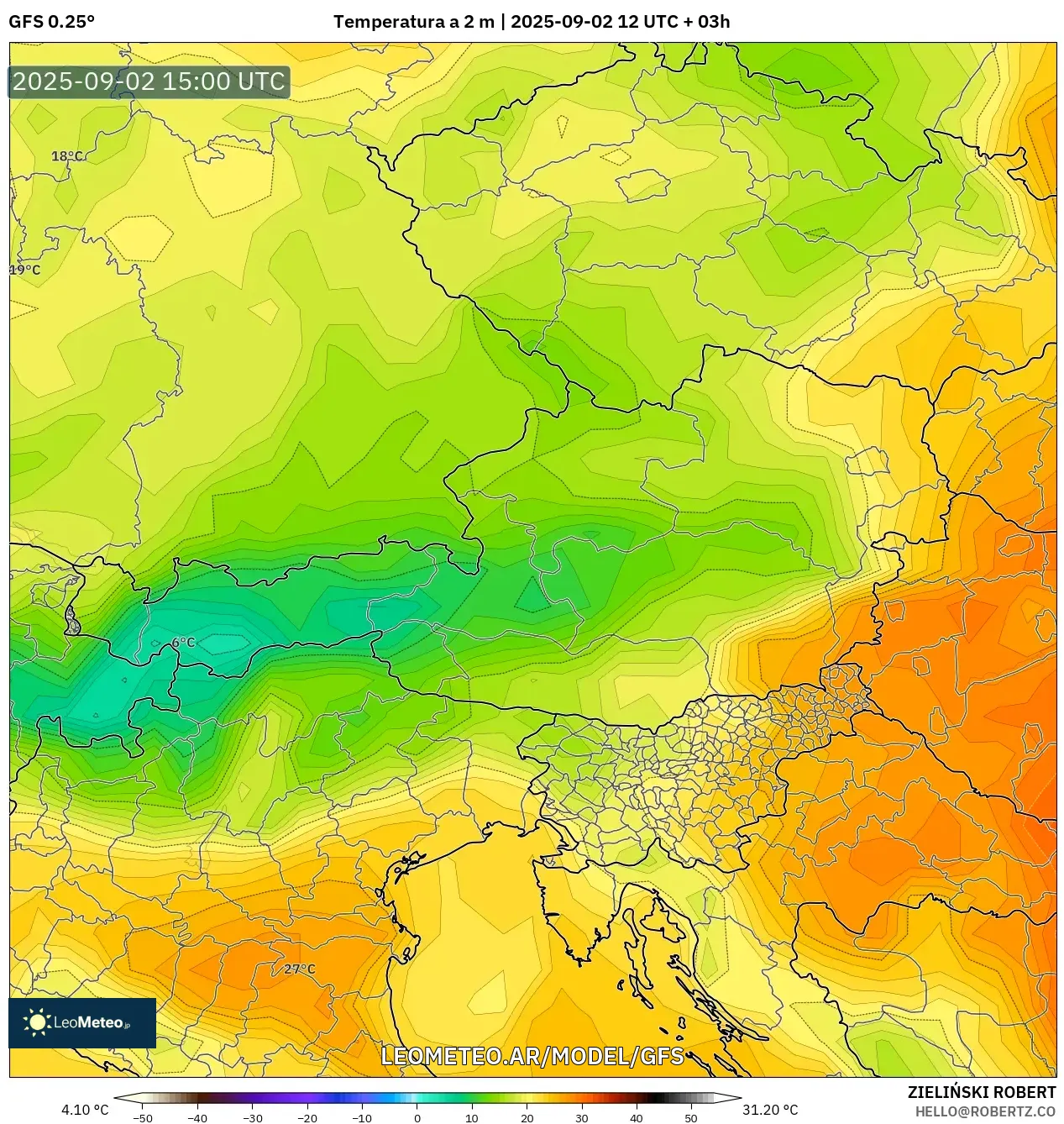 GFS model - Austria, Temperatura a 2 m GFS model - Austria, Temperatura a 2 m
