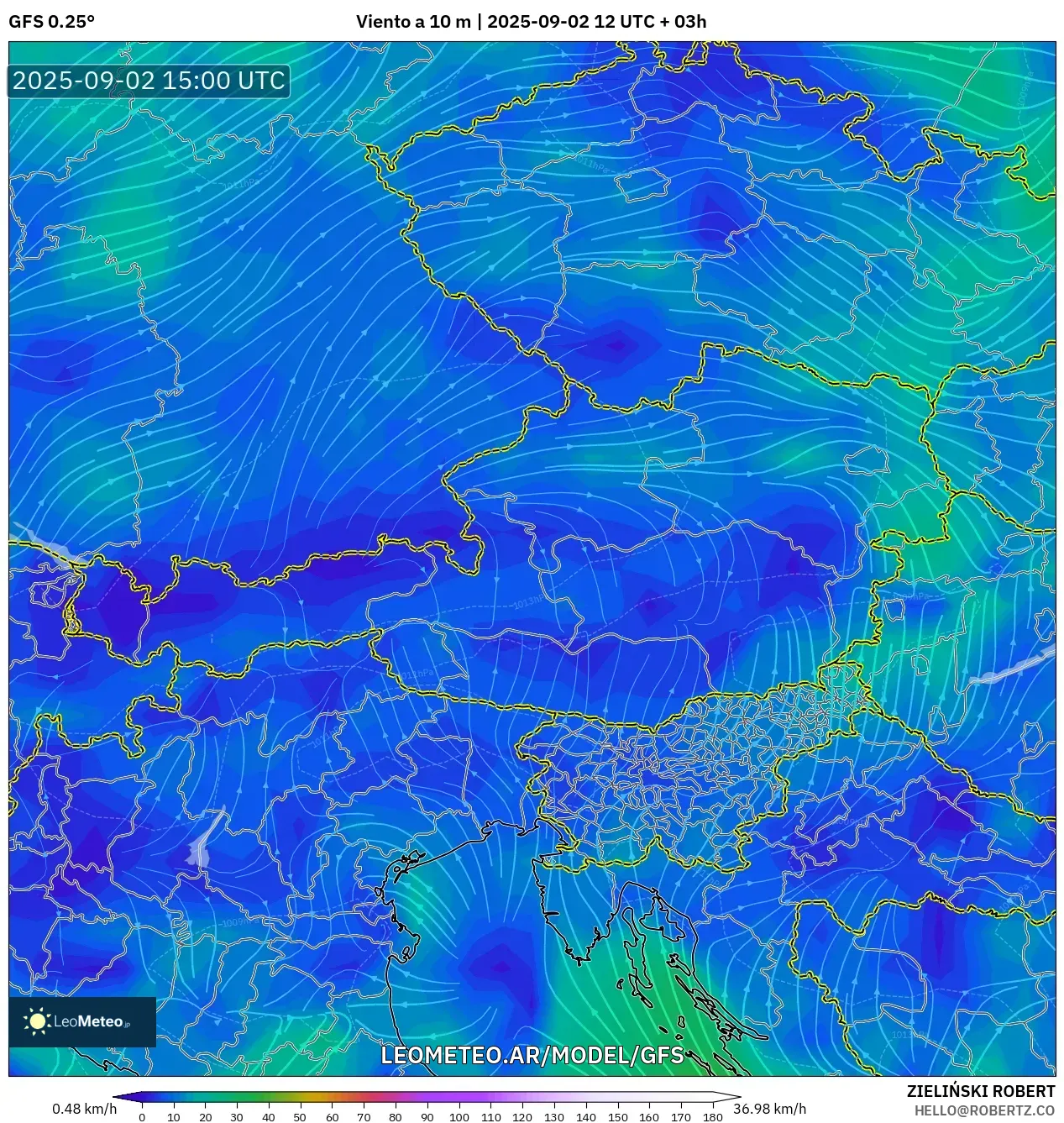 GFS model - Austria, Viento a 10 m GFS model - Austria, Viento a 10 m