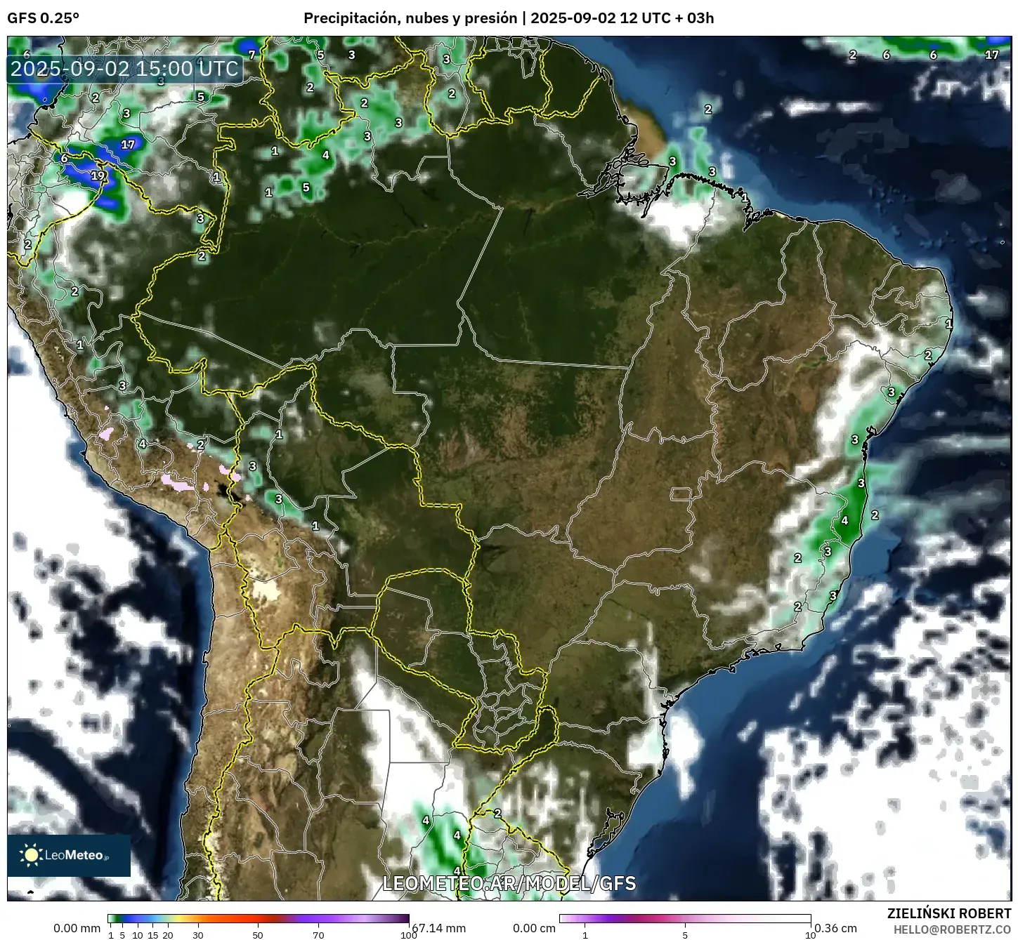 GFS model - Brasil, Precipitación, nubes y presión GFS model - Brasil, Precipitación, nubes y presión