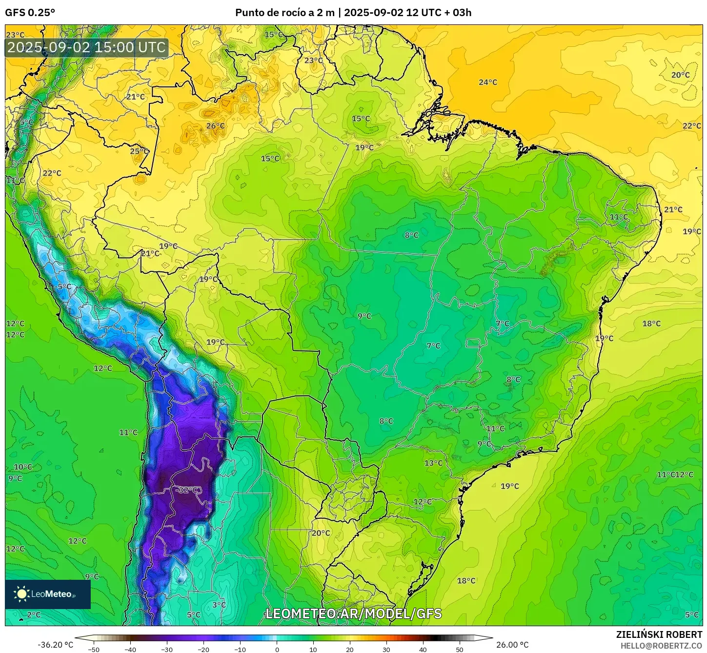 GFS model - Brasil, Punto de rocío a 2 m GFS model - Brasil, Punto de rocío a 2 m