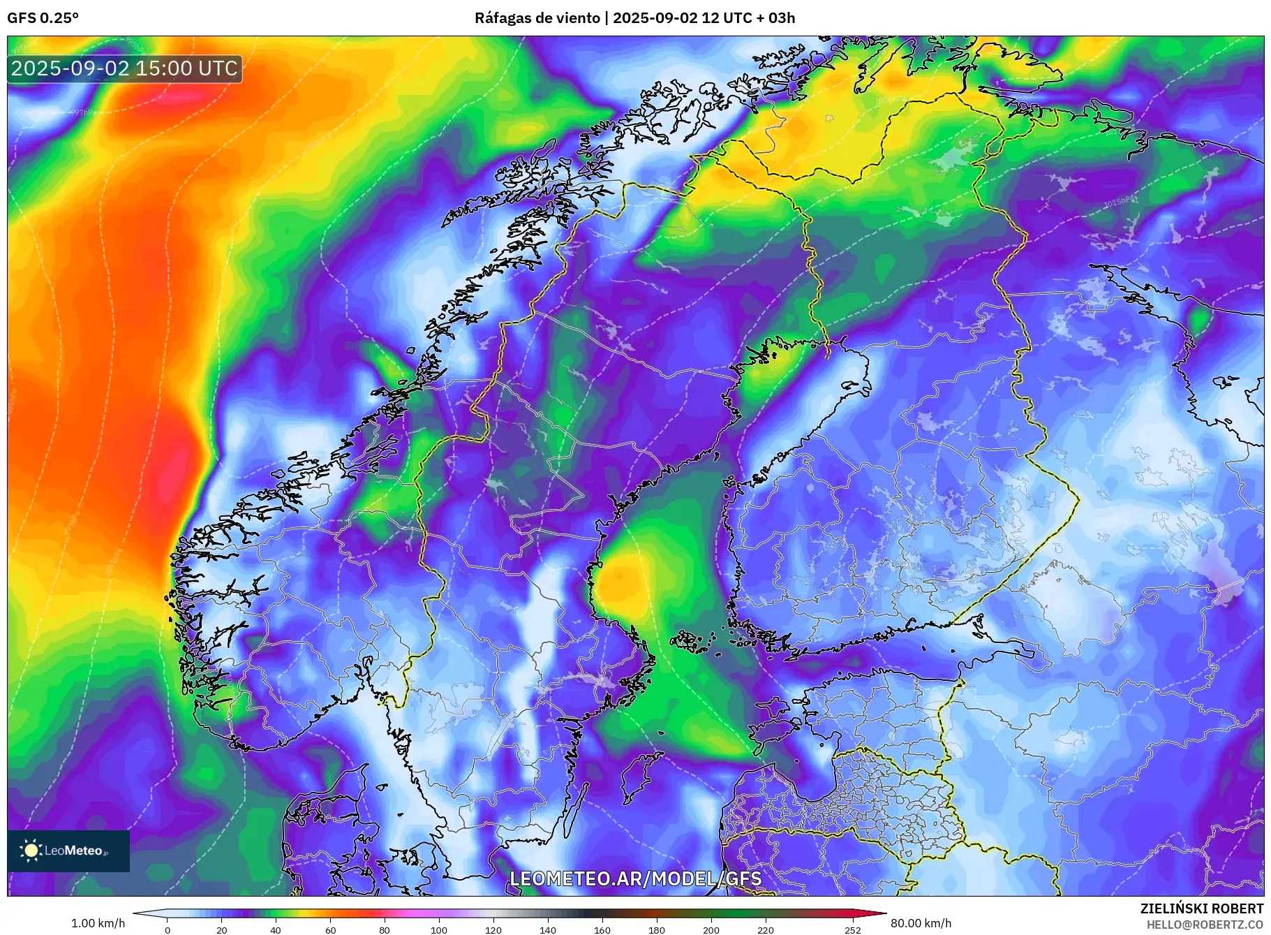 GFS model - Escandinavia, Ráfagas de viento GFS model - Escandinavia, Ráfagas de viento