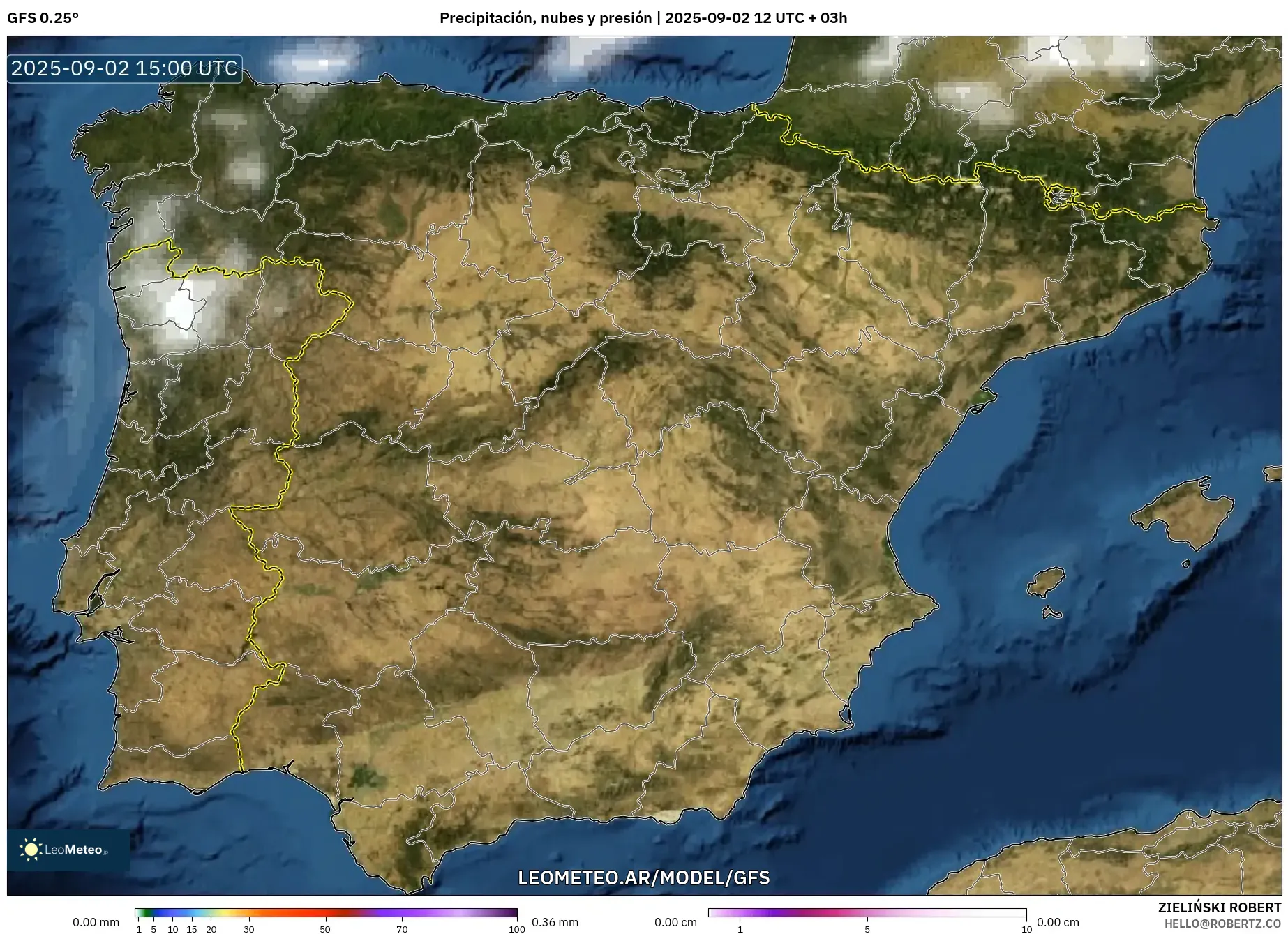 GFS model - España, Precipitación, nubes y presión GFS model - España, Precipitación, nubes y presión