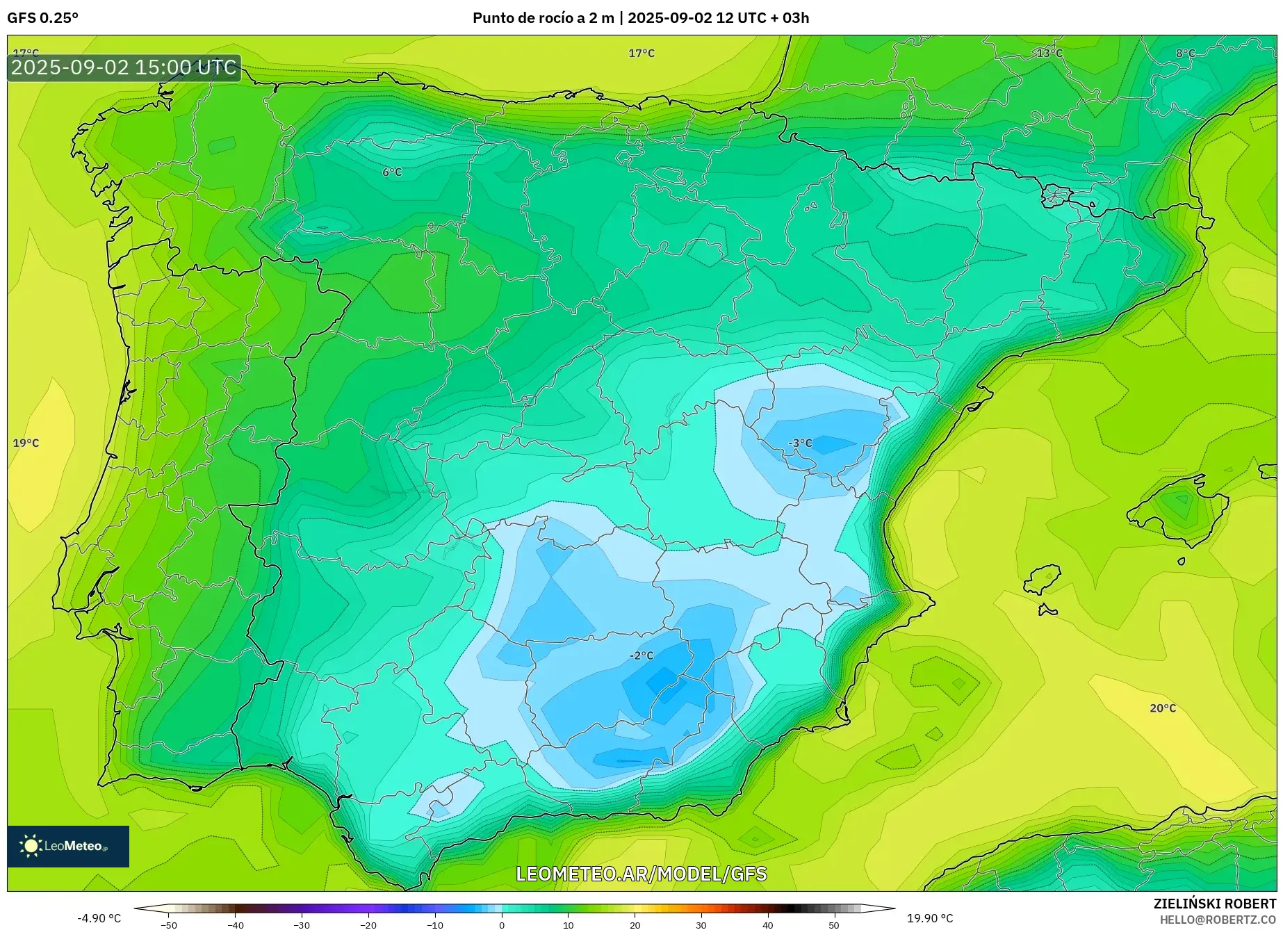 GFS model - España, Punto de rocío a 2 m GFS model - España, Punto de rocío a 2 m