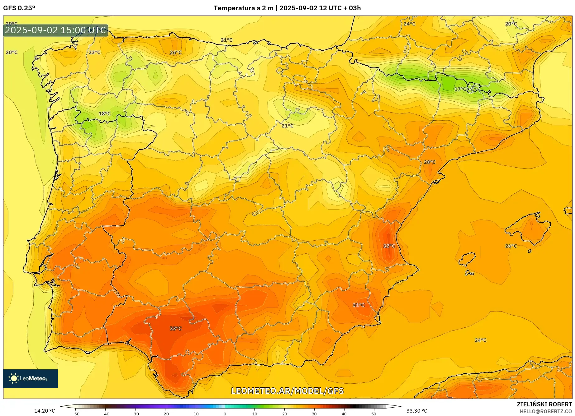 GFS model - España, Temperatura a 2 m GFS model - España, Temperatura a 2 m