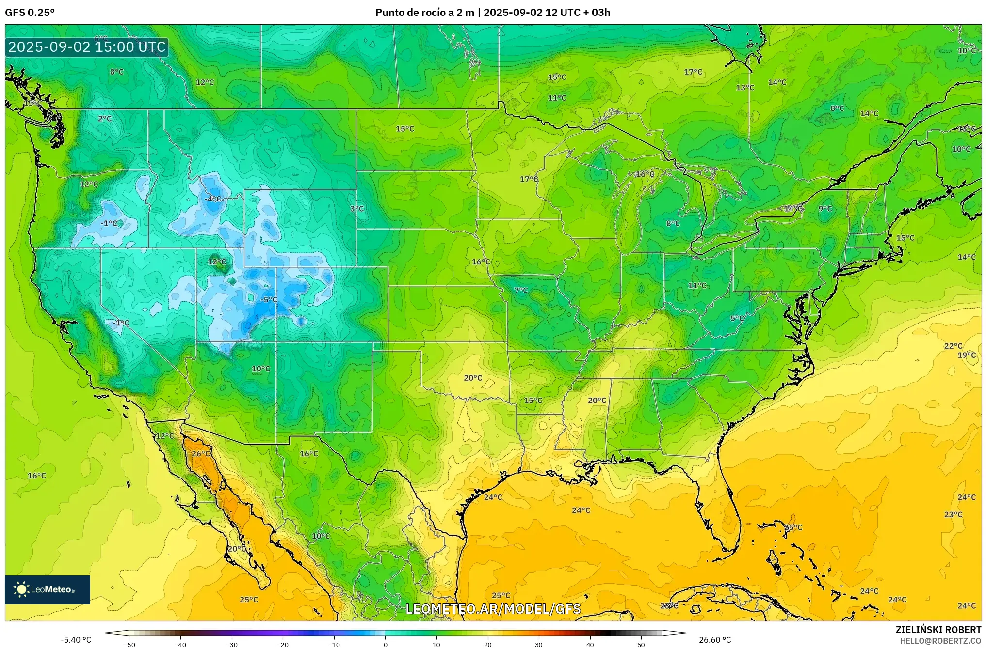 GFS model - Estados Unidos, Punto de rocío a 2 m GFS model - Estados Unidos, Punto de rocío a 2 m
