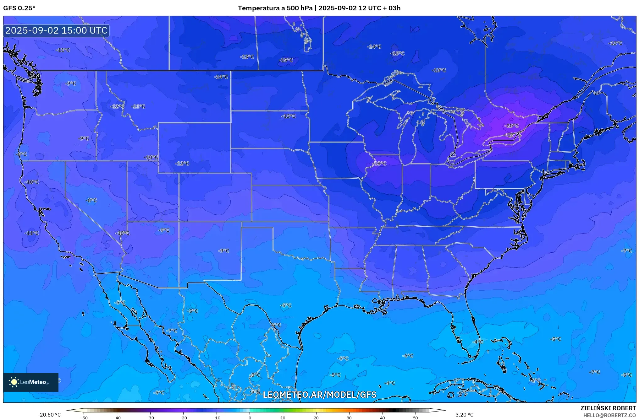 GFS model - Estados Unidos, Temperatura a 500 hPa GFS model - Estados Unidos, Temperatura a 500 hPa