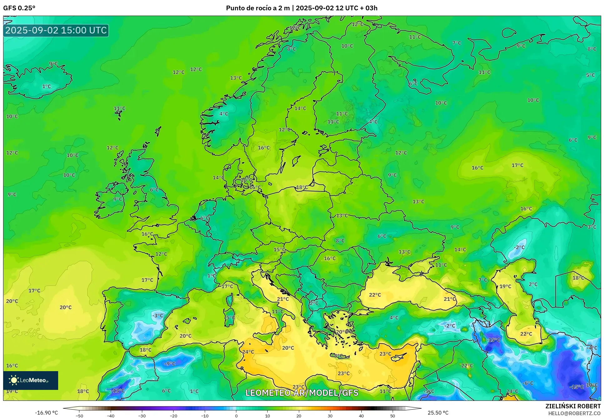 GFS model - Europa, Punto de rocío a 2 m GFS model - Europa, Punto de rocío a 2 m