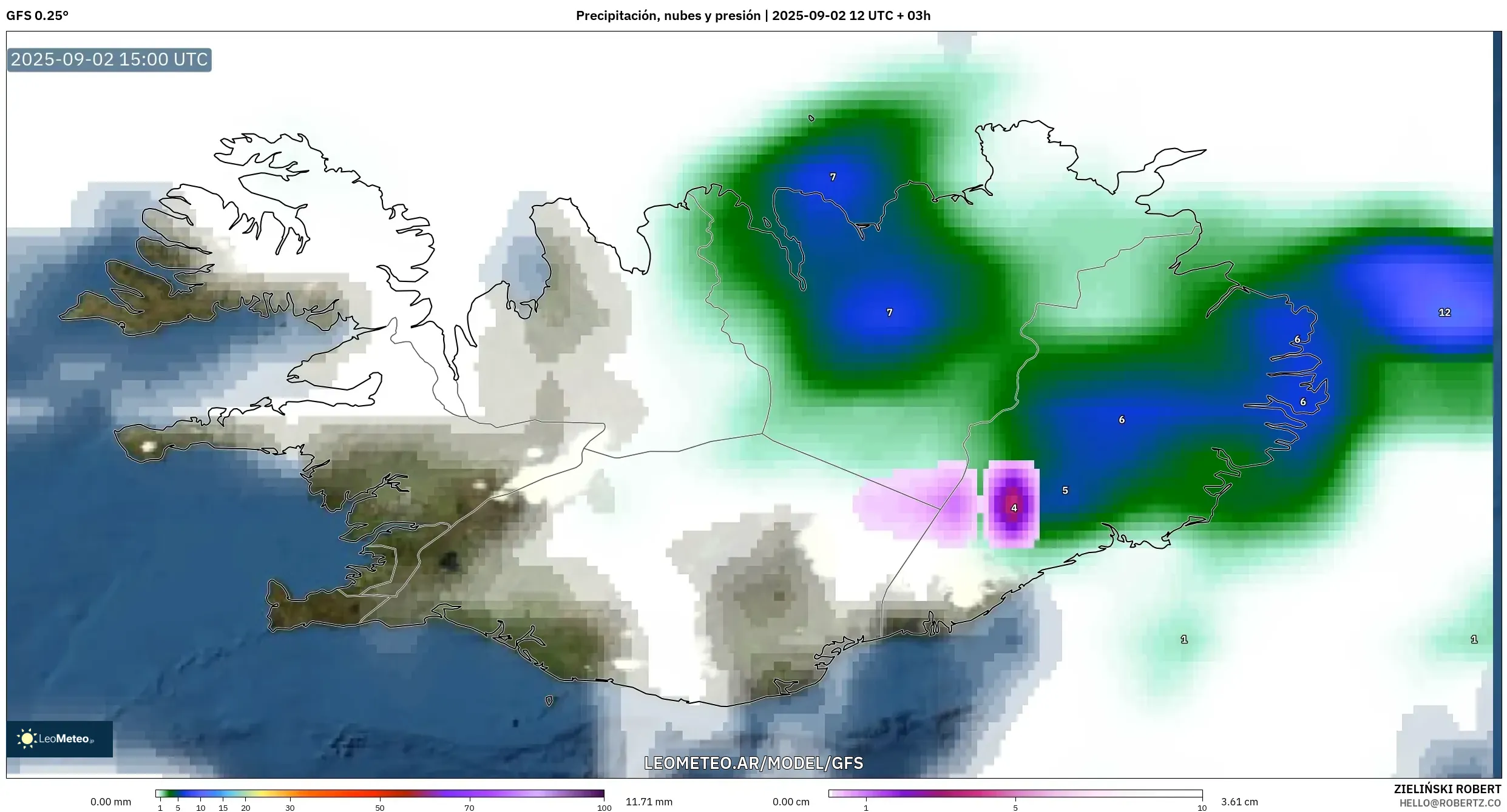 GFS model - Islandia, Precipitación, nubes y presión GFS model - Islandia, Precipitación, nubes y presión
