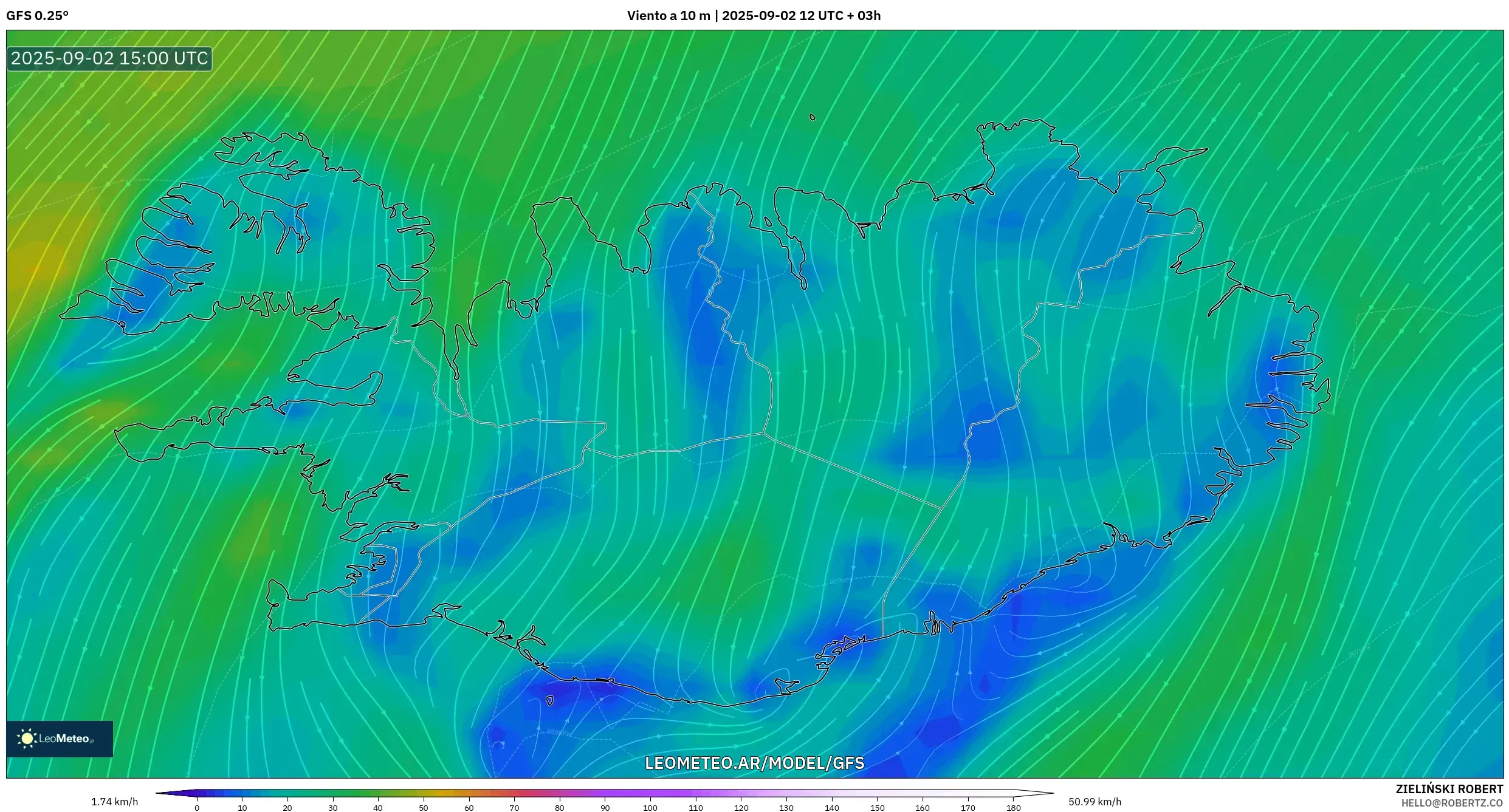 GFS model - Islandia, Viento a 10 m GFS model - Islandia, Viento a 10 m