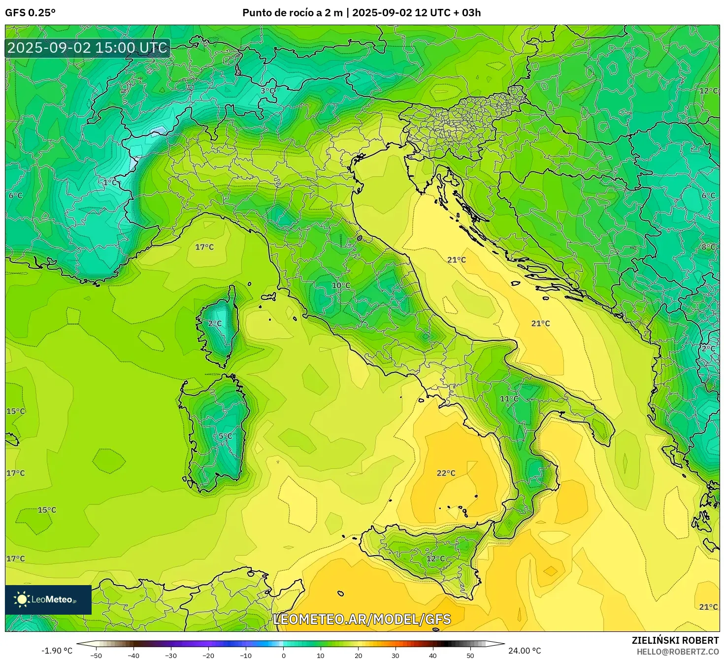 GFS model - Italia, Punto de rocío a 2 m GFS model - Italia, Punto de rocío a 2 m
