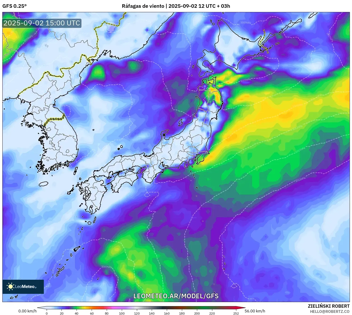 GFS model - Japón, Ráfagas de viento GFS model - Japón, Ráfagas de viento