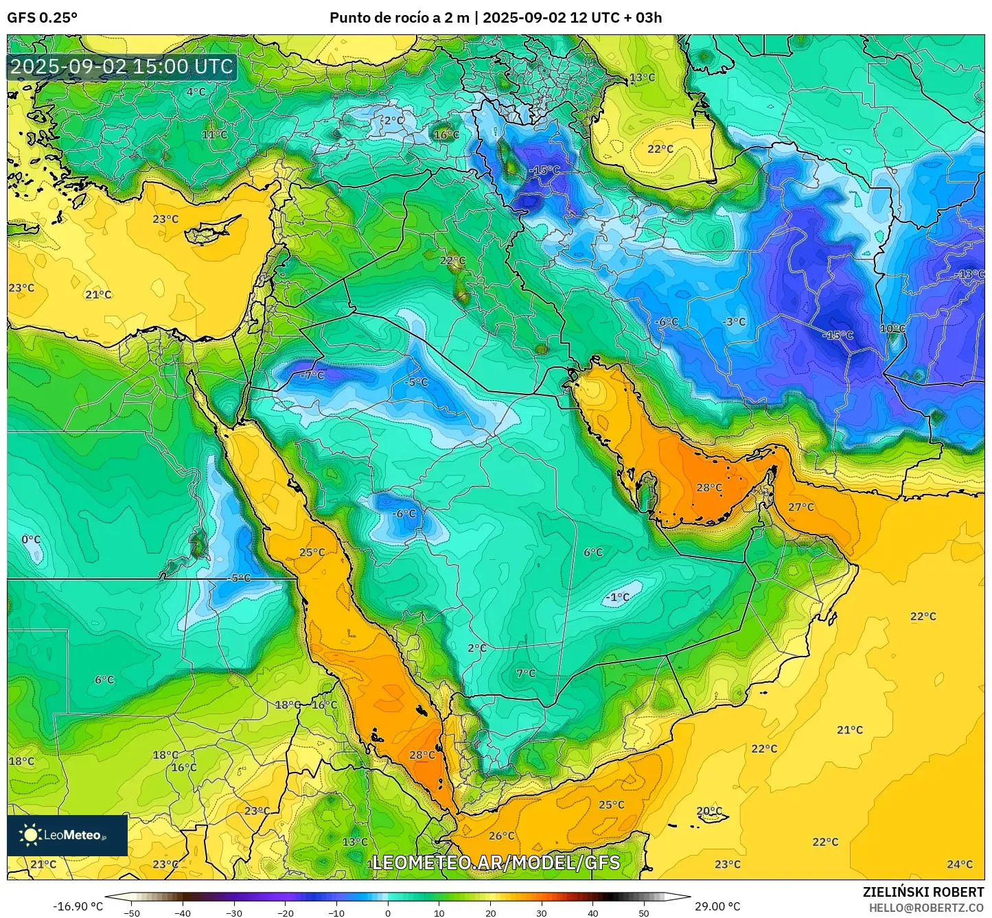 GFS model - Oriente Medio, Punto de rocío a 2 m GFS model - Oriente Medio, Punto de rocío a 2 m