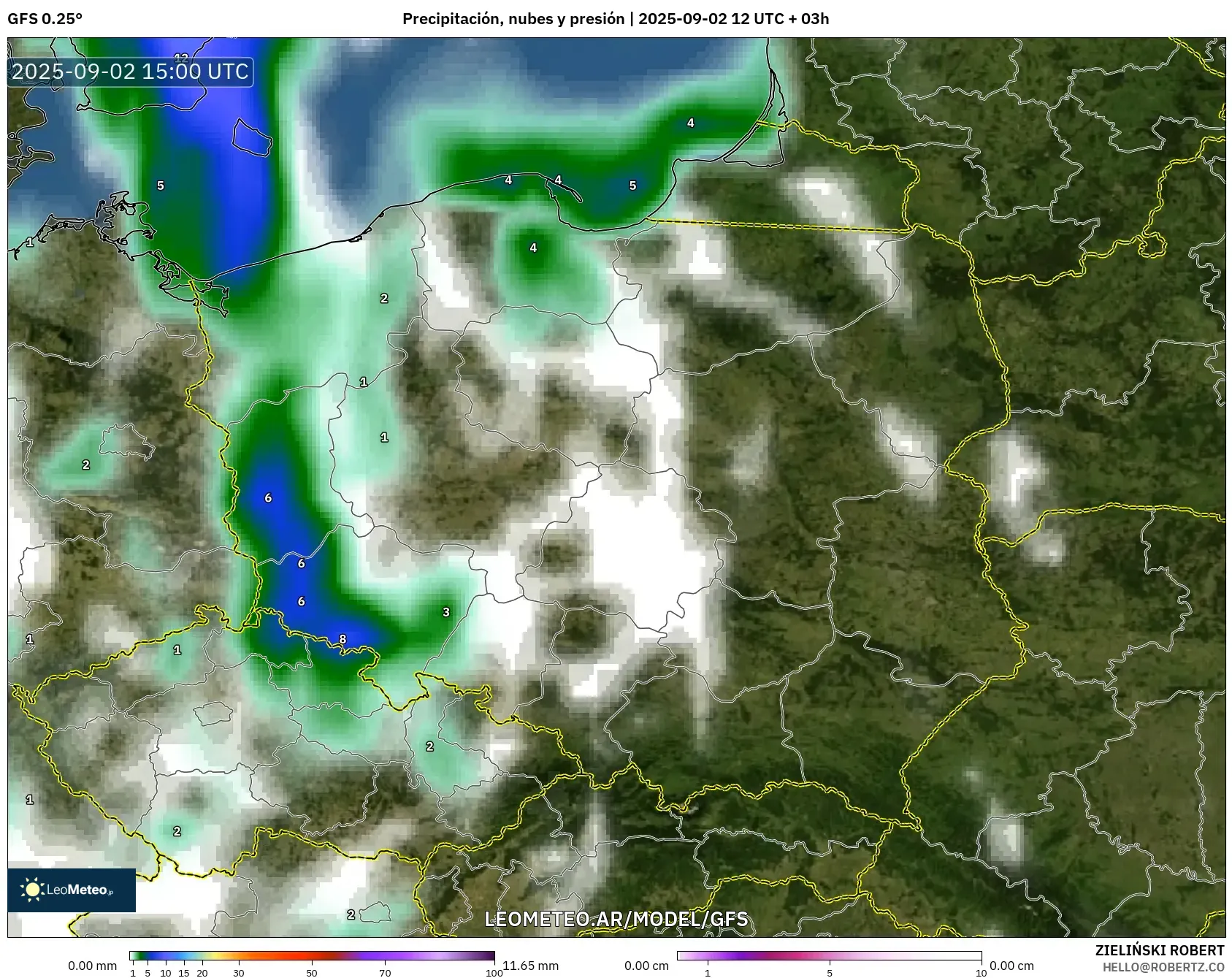 GFS model - Polonia, Precipitación, nubes y presión GFS model - Polonia, Precipitación, nubes y presión