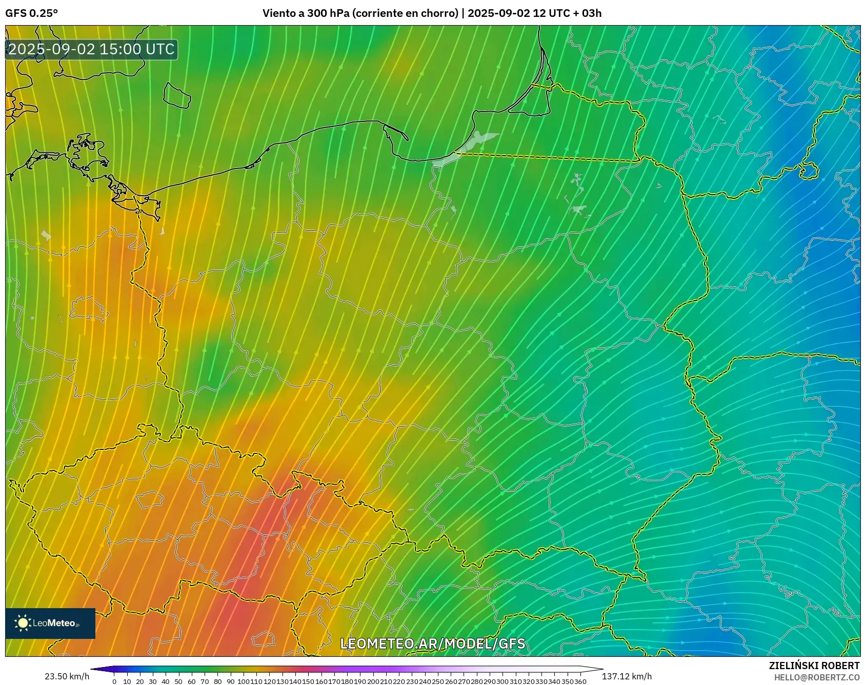 GFS model - Polonia, Viento a 300 hPa (corriente en chorro) GFS model - Polonia, Viento a 300 hPa (corriente en chorro)