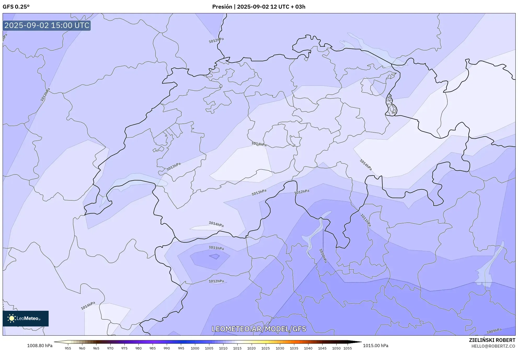 GFS model - Suiza, Presión GFS model - Suiza, Presión