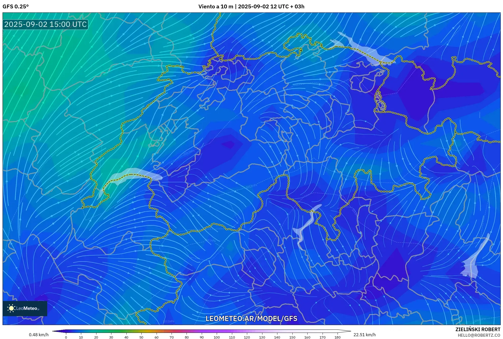 GFS model - Suiza, Viento a 10 m GFS model - Suiza, Viento a 10 m