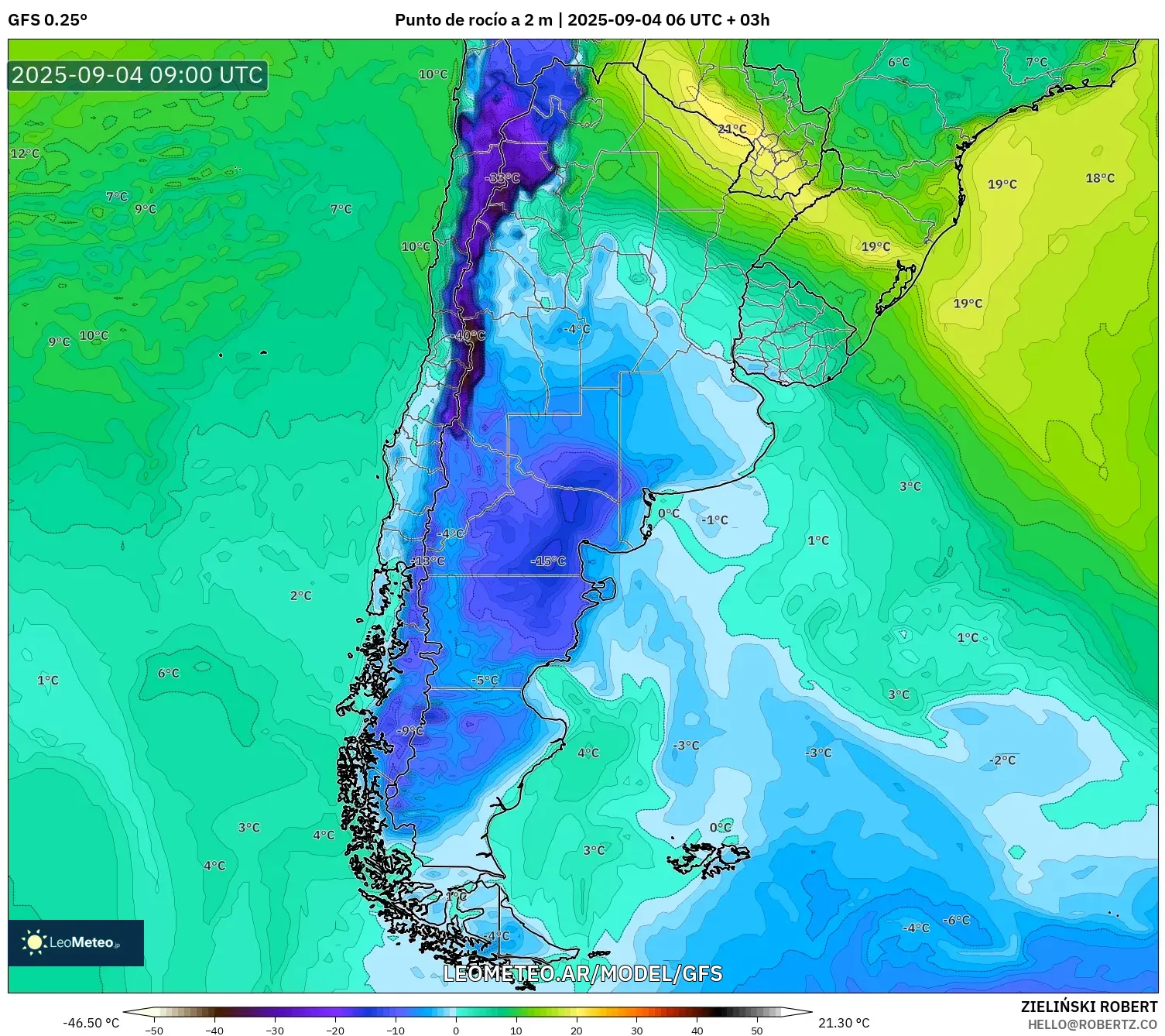 GFS model - Argentina, Punto de rocío a 2 m GFS model - Argentina, Punto de rocío a 2 m